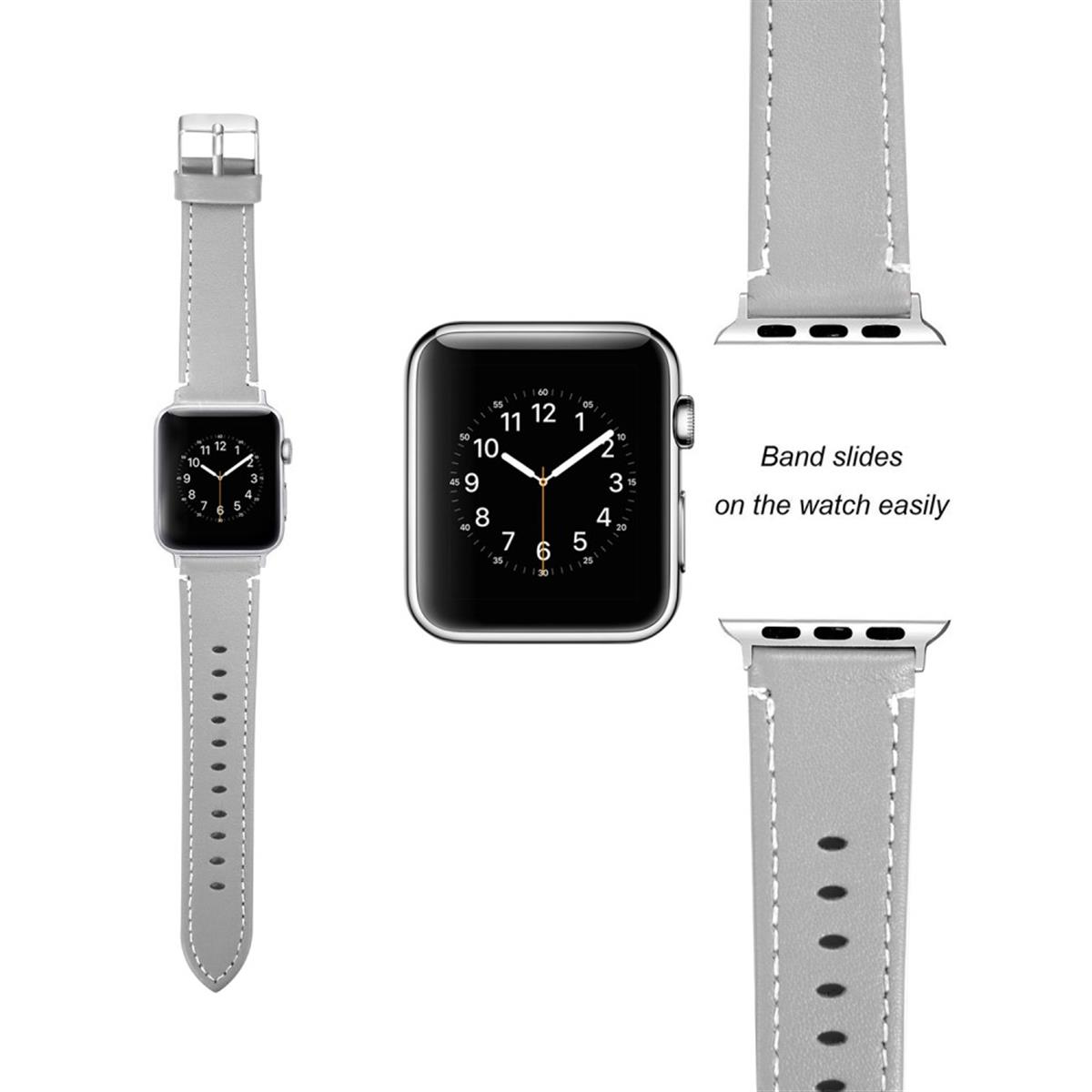 Eine Smartwatch mit grauem Armband und weitere Visualisierungen, die die Banddetails zeigen. Weißer Hintergrund.