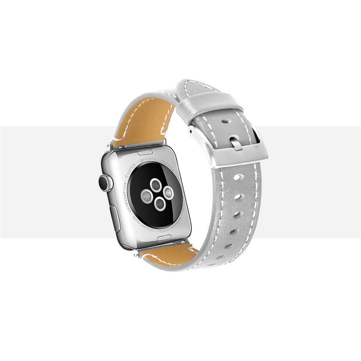 Silberne Apple Watch mit grauem Lederarmband.