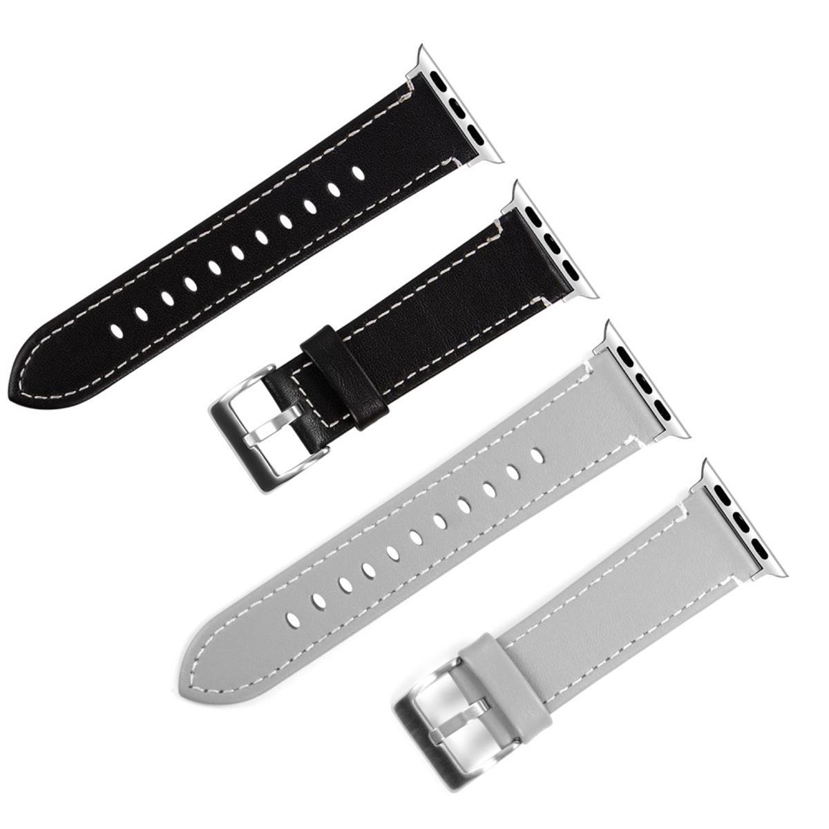Zwei Paar Apple Watch-Armbänder: Schwarz mit weißen Nähten und Grau mit weißen Nähten.