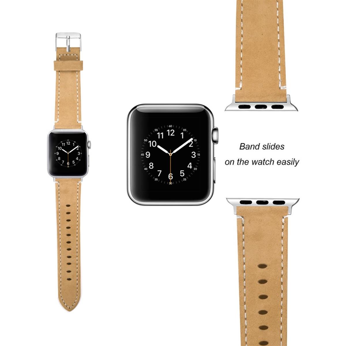 Apple Watch mit hellbraunem Lederarmband. Zusätzliche Armbandkomponenten werden ebenfalls gezeigt.