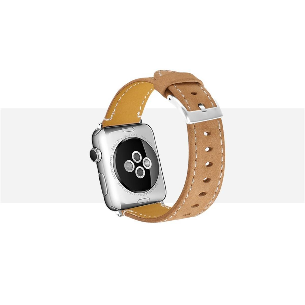 Silberne Apple Watch mit braunem Lederarmband. Die Uhr ist vor weißem Hintergrund zentriert.