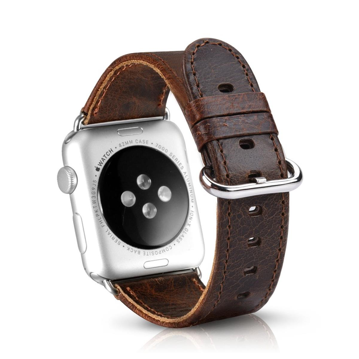Silberne Apple Watch mit braunem Lederarmband. Die Schnalle ist silber.