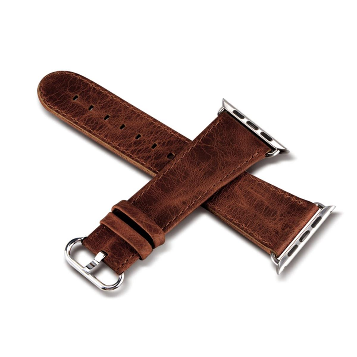 Braunes Leder-Uhrenarmband, zeigt das Band und die Schnallen-Details.