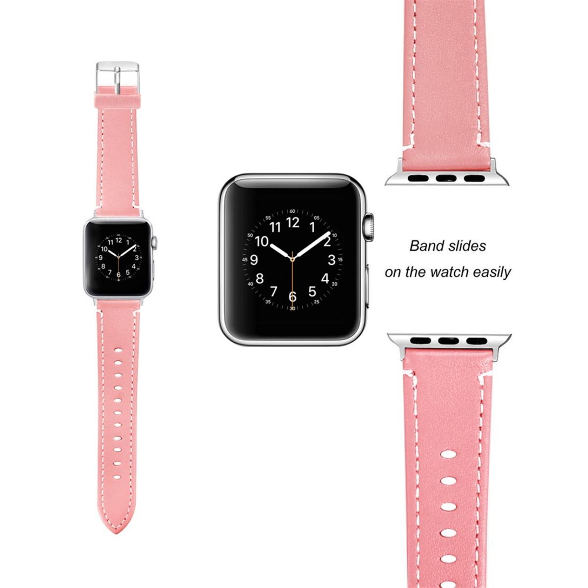 Eine Uhr und Komponenten des Uhrenarmbands. Die Uhr hat ein rosa Band. Komponenten auf weißem Hintergrund.