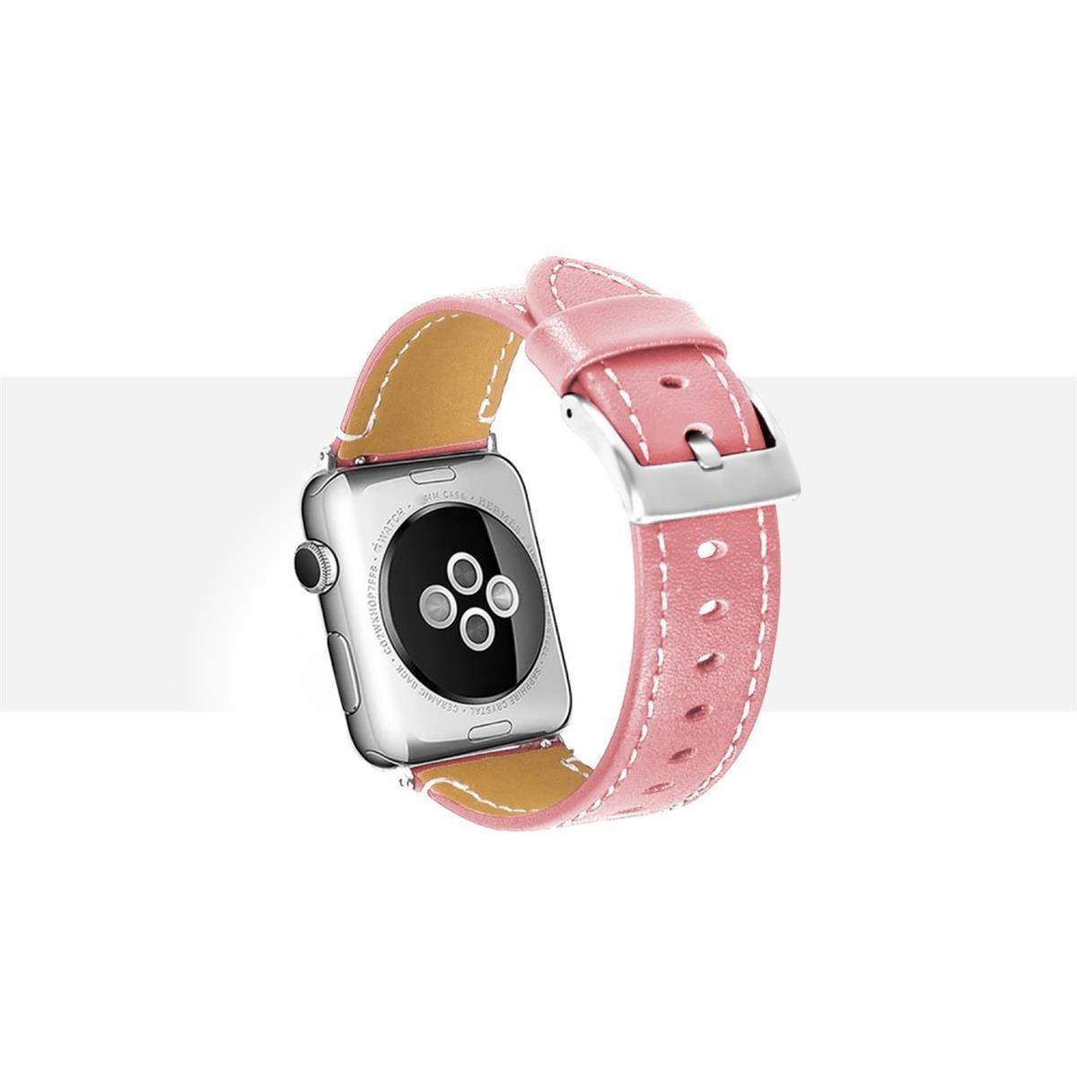 Rosa Leder-Uhrenarmband mit silberner Schnalle. Die Uhr befindet sich im Hintergrund und hat ein silbernes Gehäuse.