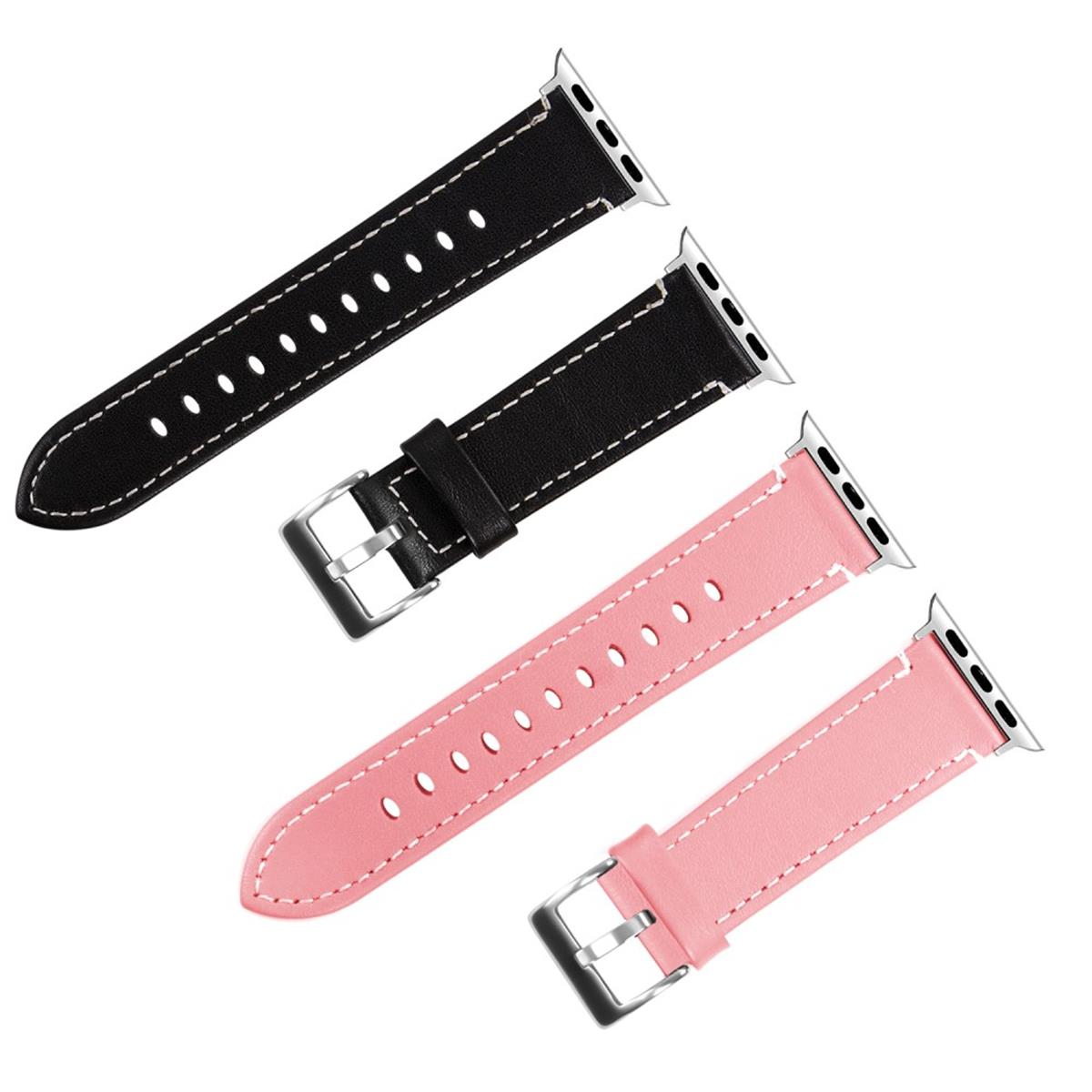 Drei Apple Watch Armbänder: schwarz, pink und noch ein schwarzes.