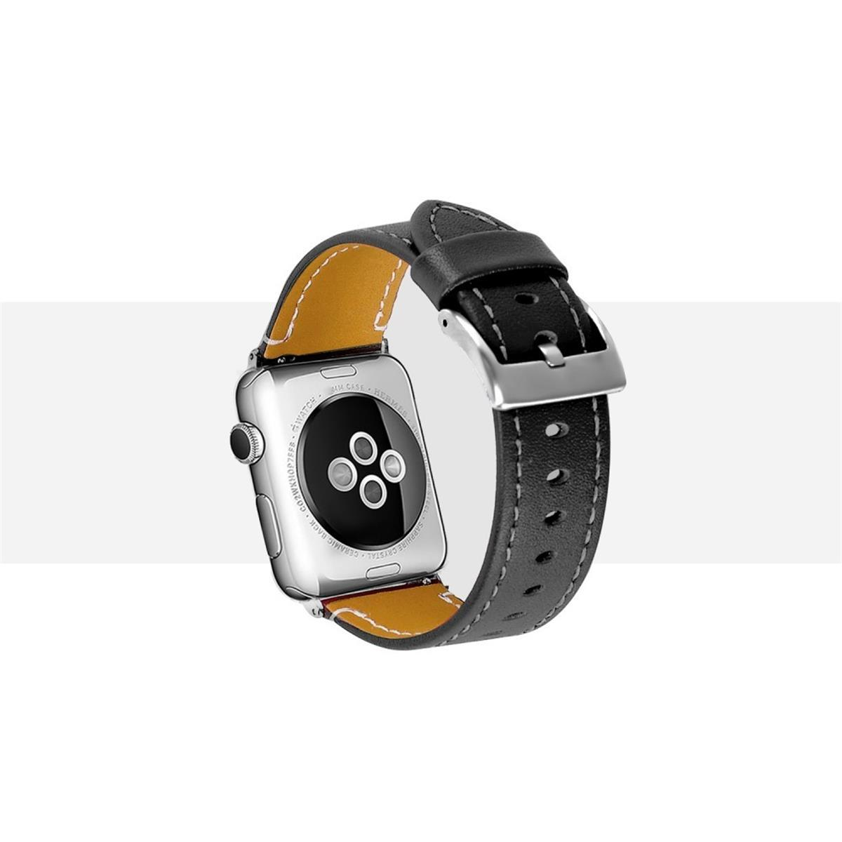 Silberne Apple Watch mit schwarzem Lederarmband. Gelbes Leder im Armband. Schwarzer Hintergrund.