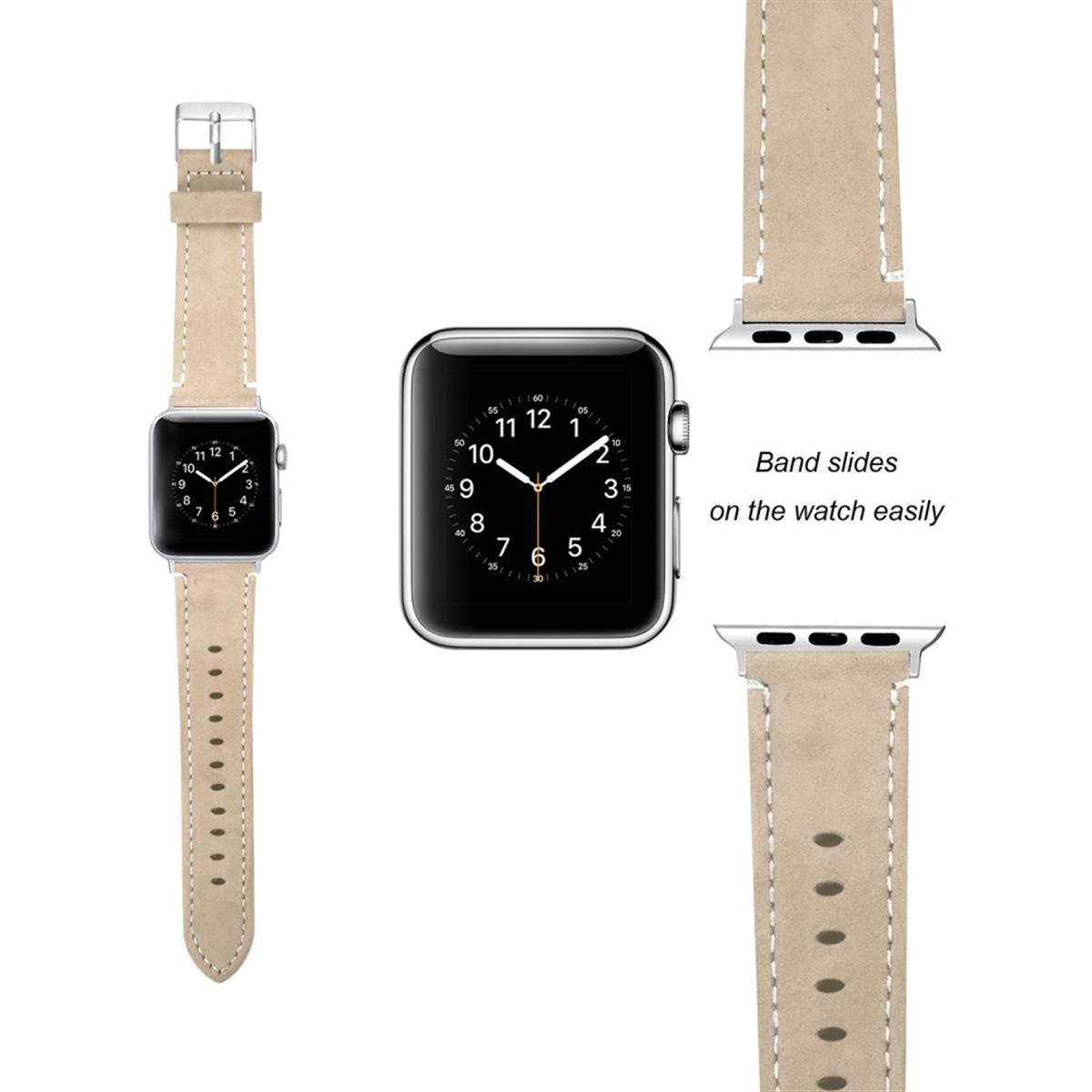 Eine Apple Watch und ein Armband. Das Armband ist aus beigem Leder. Das Zifferblatt ist sichtbar.