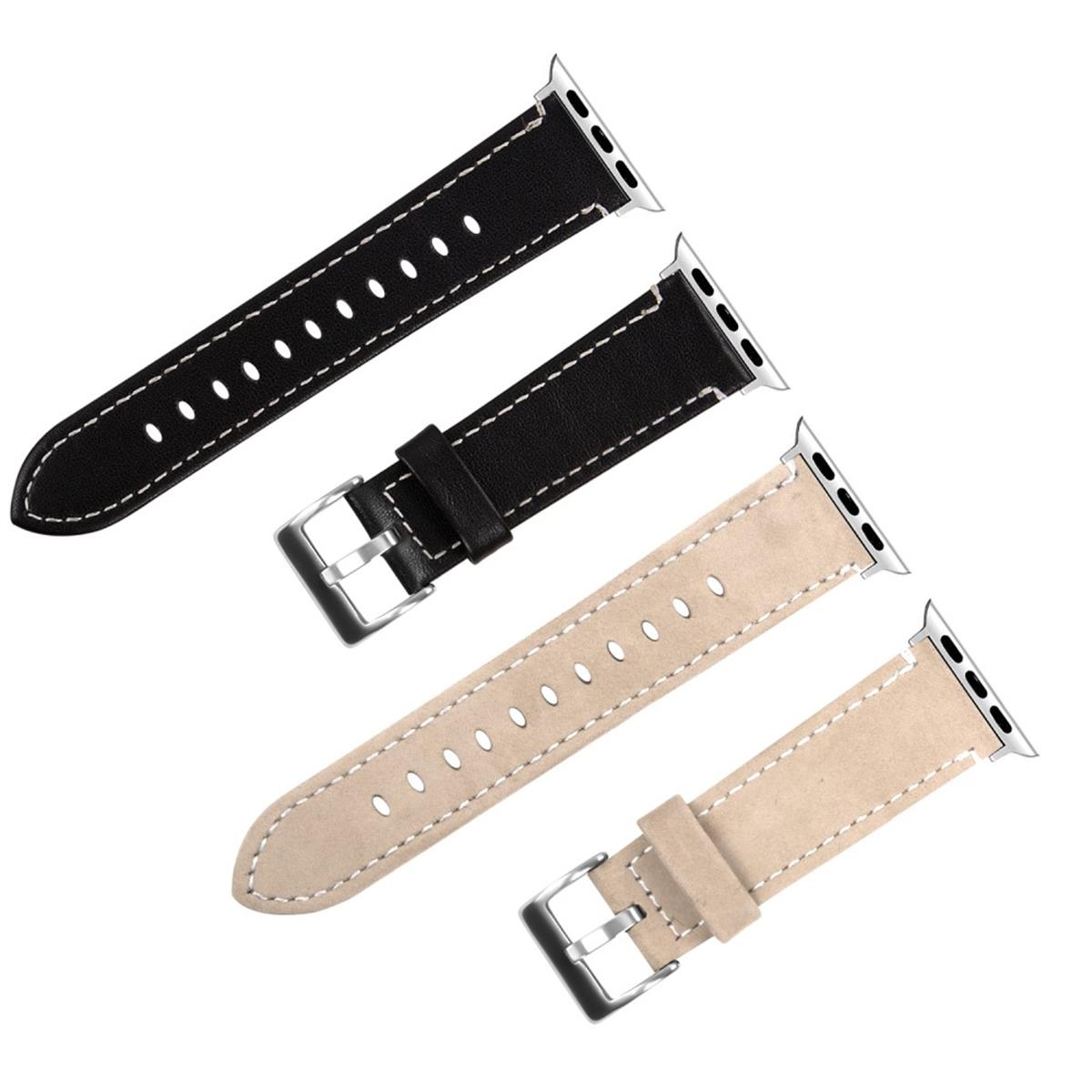 Armbänder, zwei schwarze und zwei beige, mit weißen Nähten und silbernen Schnallen.