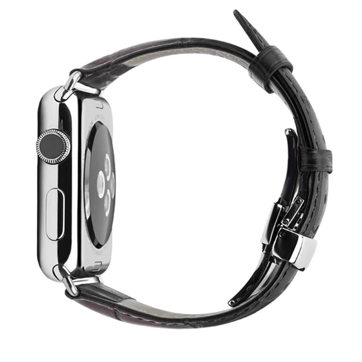 Seitenansicht einer silbernen Apple Watch mit schwarzem Lederarmband.