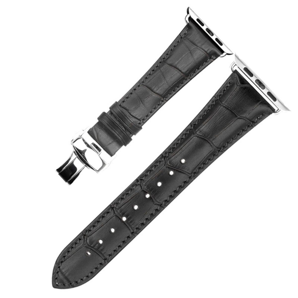Schwarzes Lederarmband mit silbernen Anschlüssen, isoliert auf weißem Hintergrund.