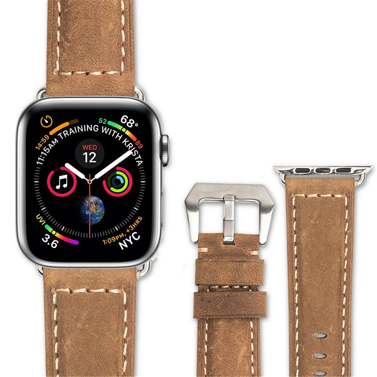 Lederarmband Apple, Ultra/8/7/6/SE/5/4/3/2/1, COVERKINGZ Smartband, Dornschließe, Braun Apple Watch mit