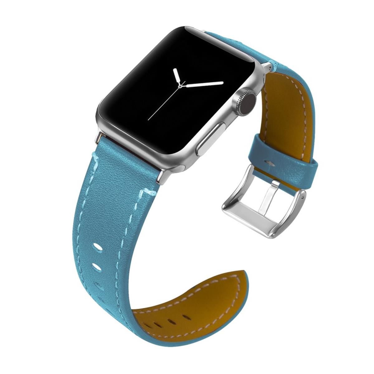 Eine silberne Apple Watch mit blauem Lederarmband und gelber Unterseite. Die Uhr liegt auf weißem Untergrund.