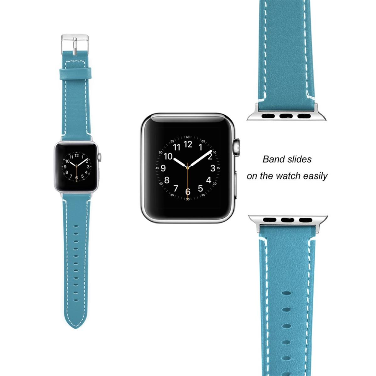 Eine Apple Watch mit blauem Lederarmband. Die Uhr wird aus verschiedenen Blickwinkeln mit Banddetails gezeigt.