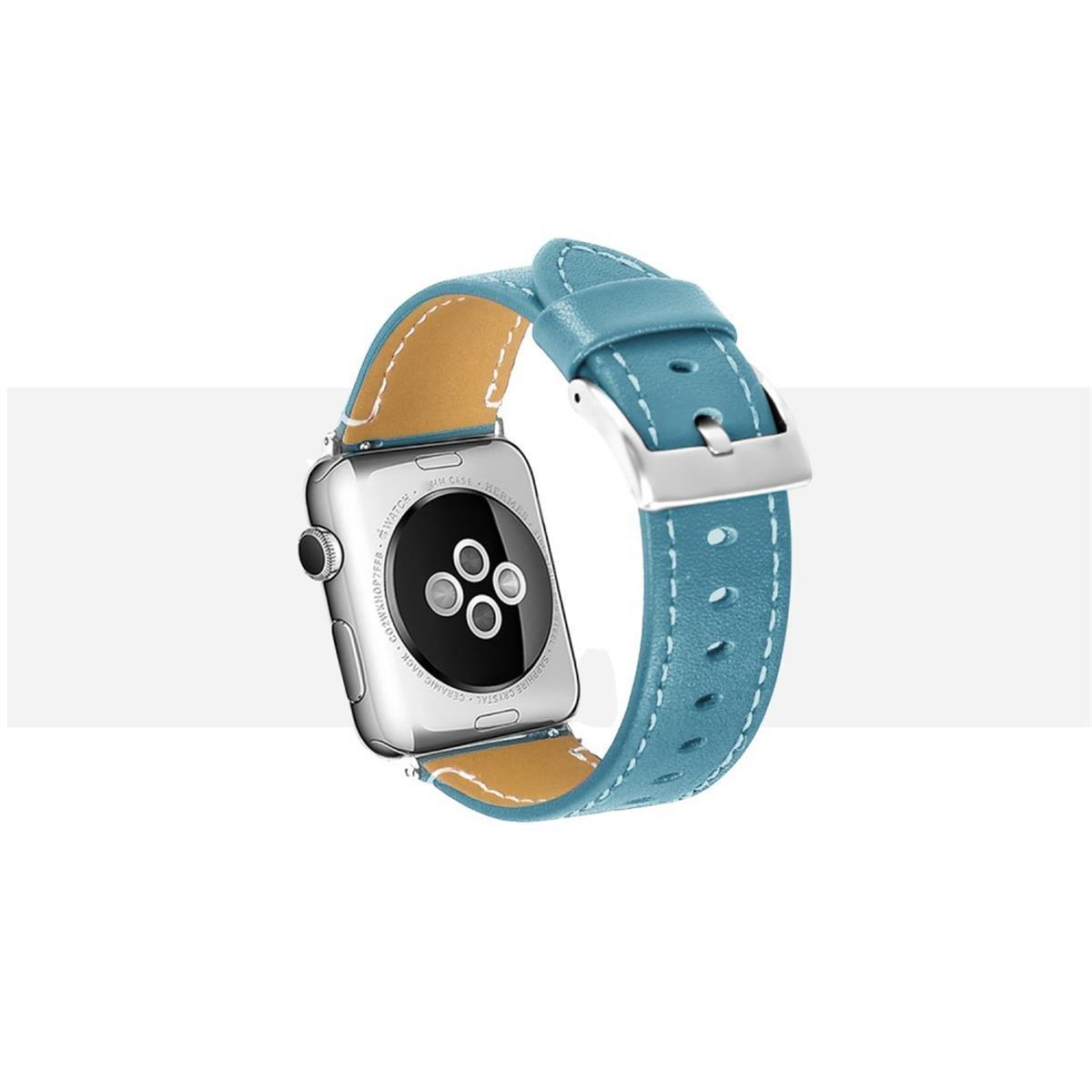 Blaues Leder-Uhrenarmband mit silberner Schließe. Das Band ist an der Rückseite einer Uhr befestigt.