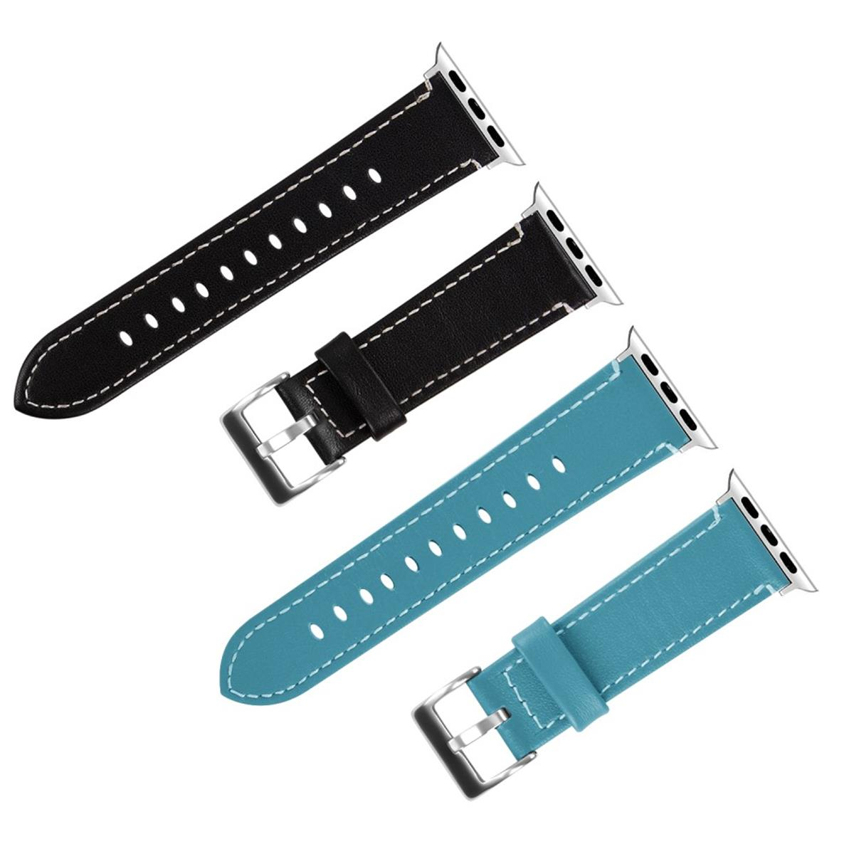 Vier Armbänder in Schwarz und Türkis, mit weißen Nähten und silbernen Schnallen.