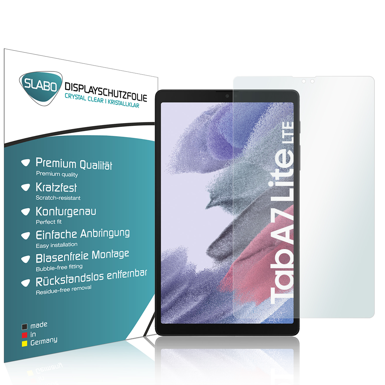 Tablet mit Displayschutzfolie. Text auf der Box: Premium Qualität, kratzfest, einfache Anbringung.