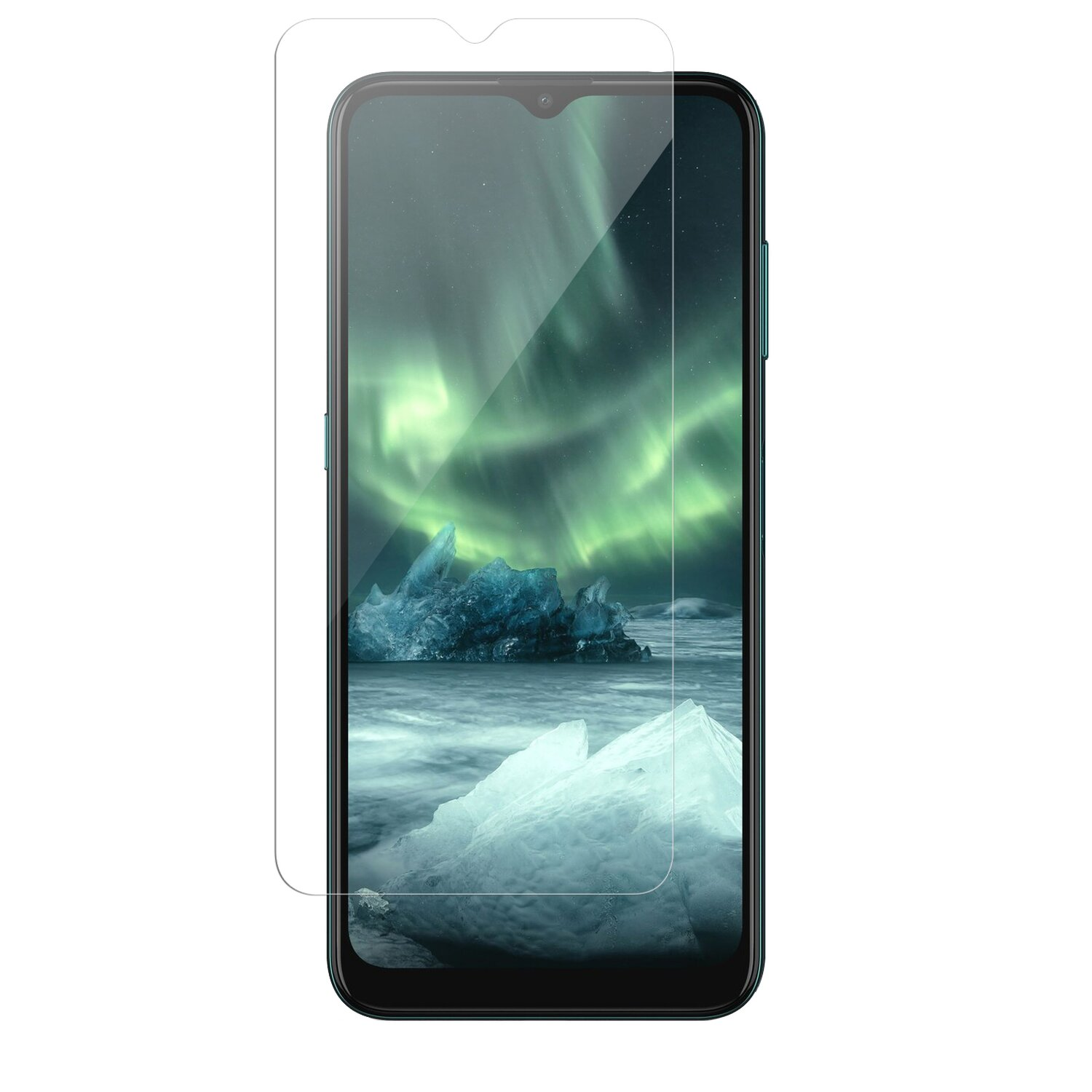 Telefon mit Displayschutzfolie. Der Schutz zeigt eine Landschaft mit Eis und Nordlichtern.