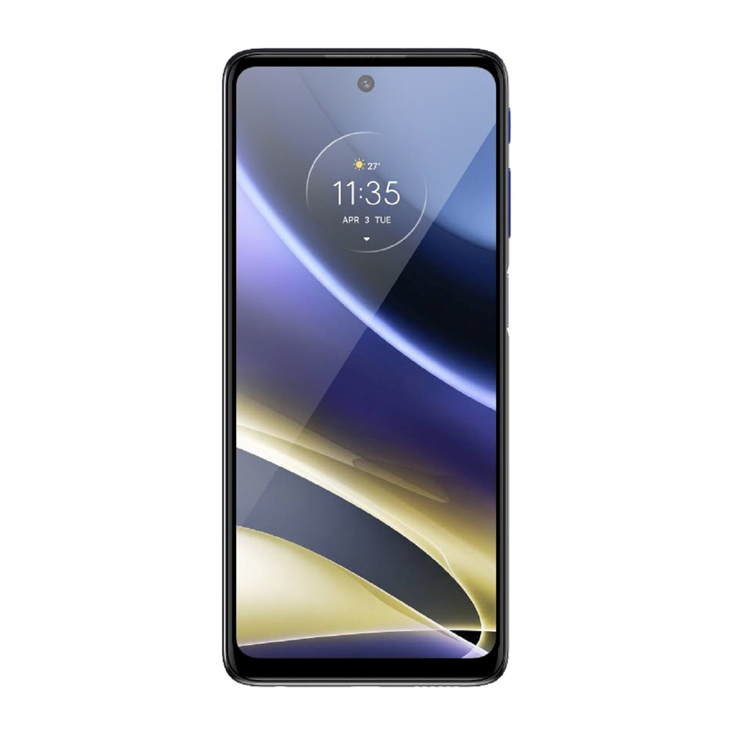 Smartphone mit schwarzem Rahmen und blau-gelbem Bildschirm, zeigt Uhrzeit und Datum.