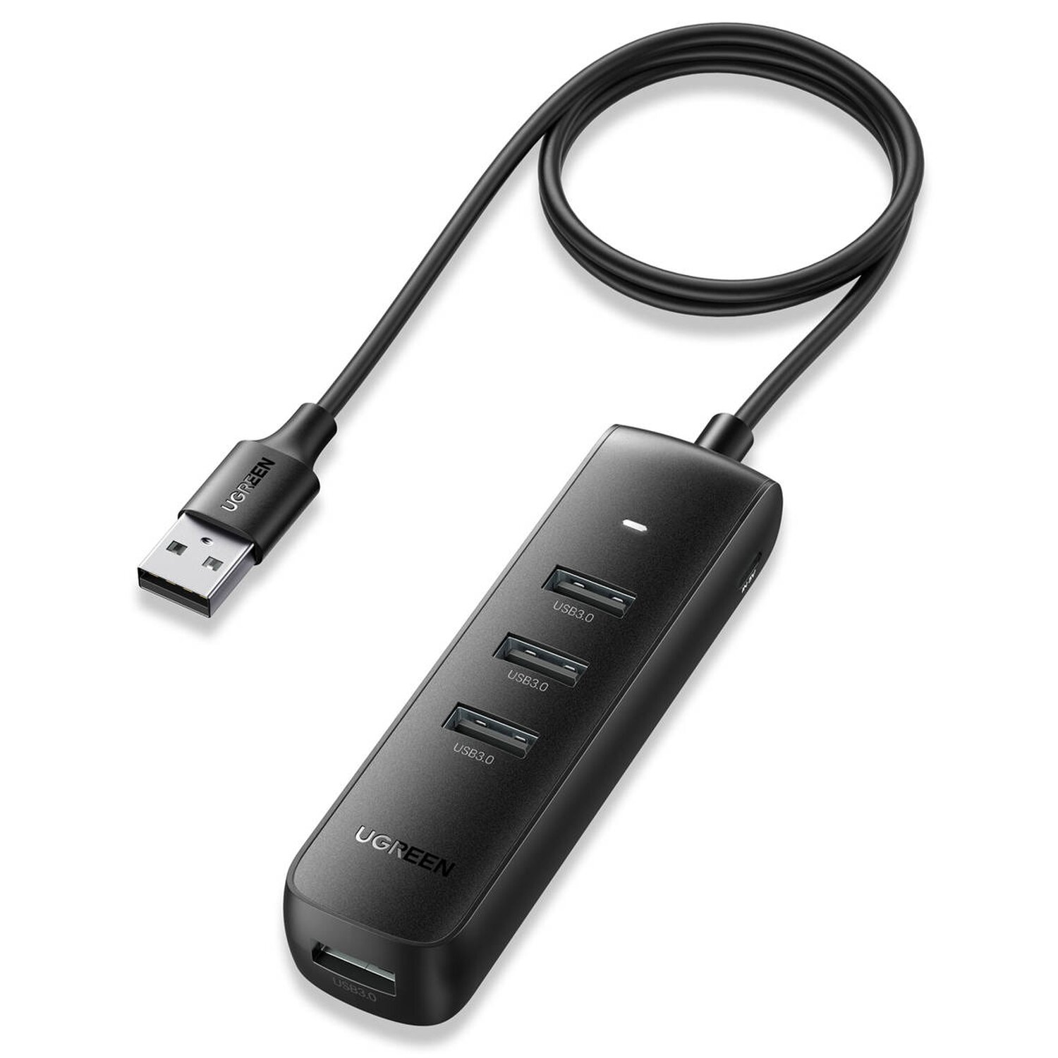 Hub USB nero con quattro porte USB 3.0 e connettore USB.