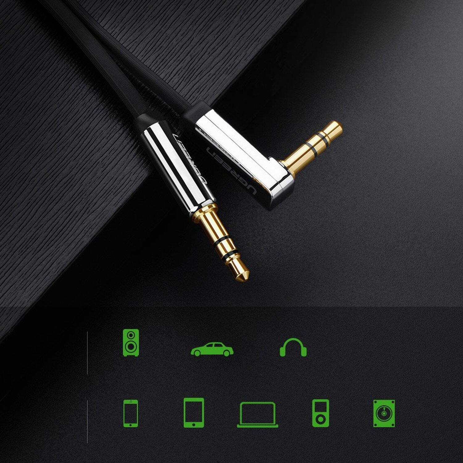 Czarno-złoty kabel audio z dwoma złączami, kątowym i prostym. Ikony urządzeń na czarnym tle.