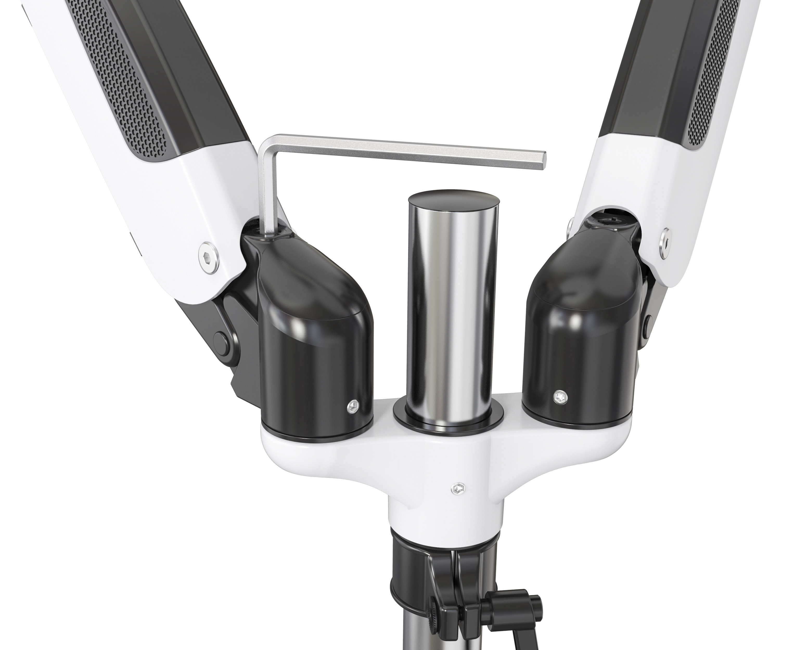 Nahaufnahme eines weißen und schwarzen Monitorarms mit Metallstange und Schraube.