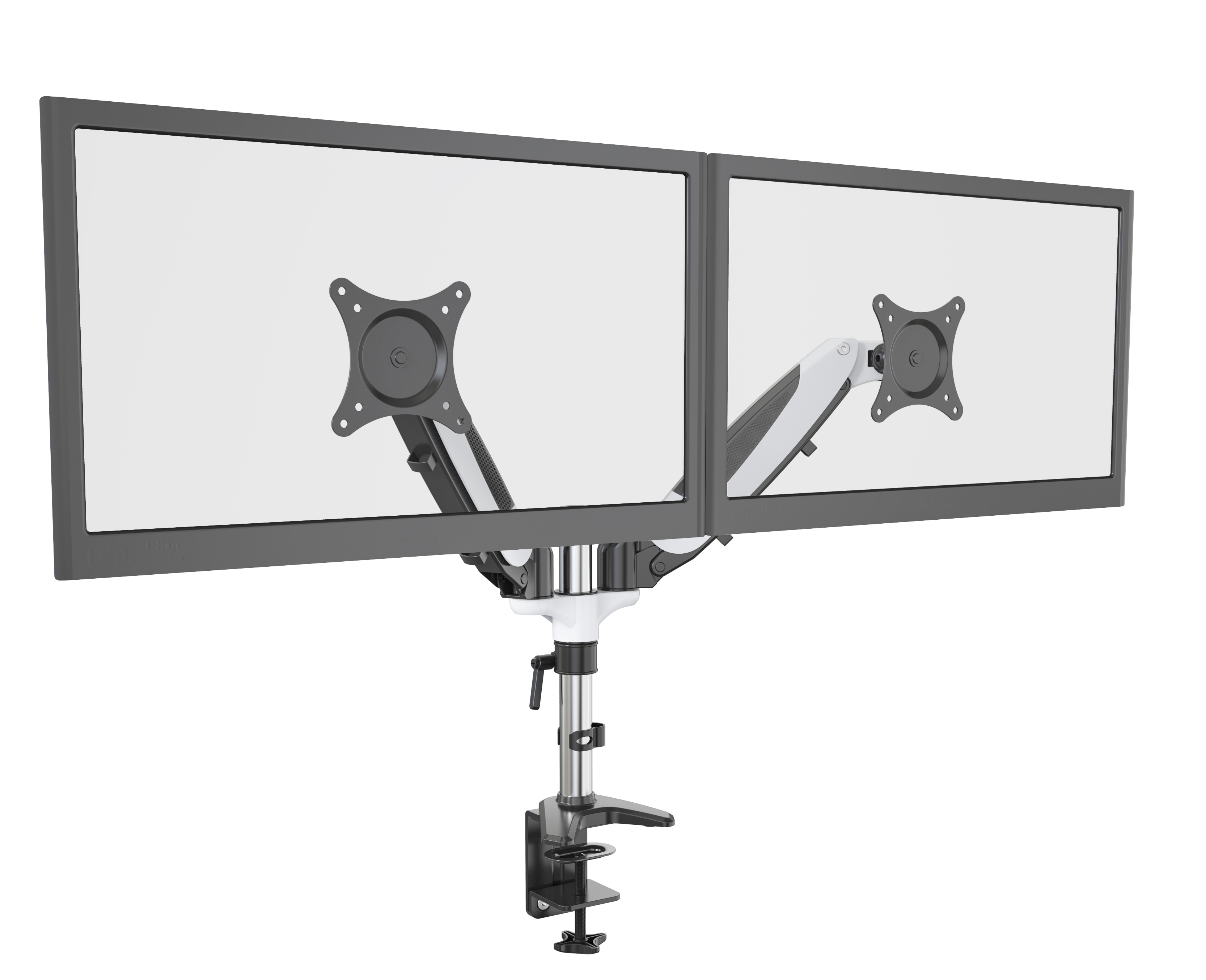 Zwei Computermonitore mit einem Monitorarm auf weißem Hintergrund.