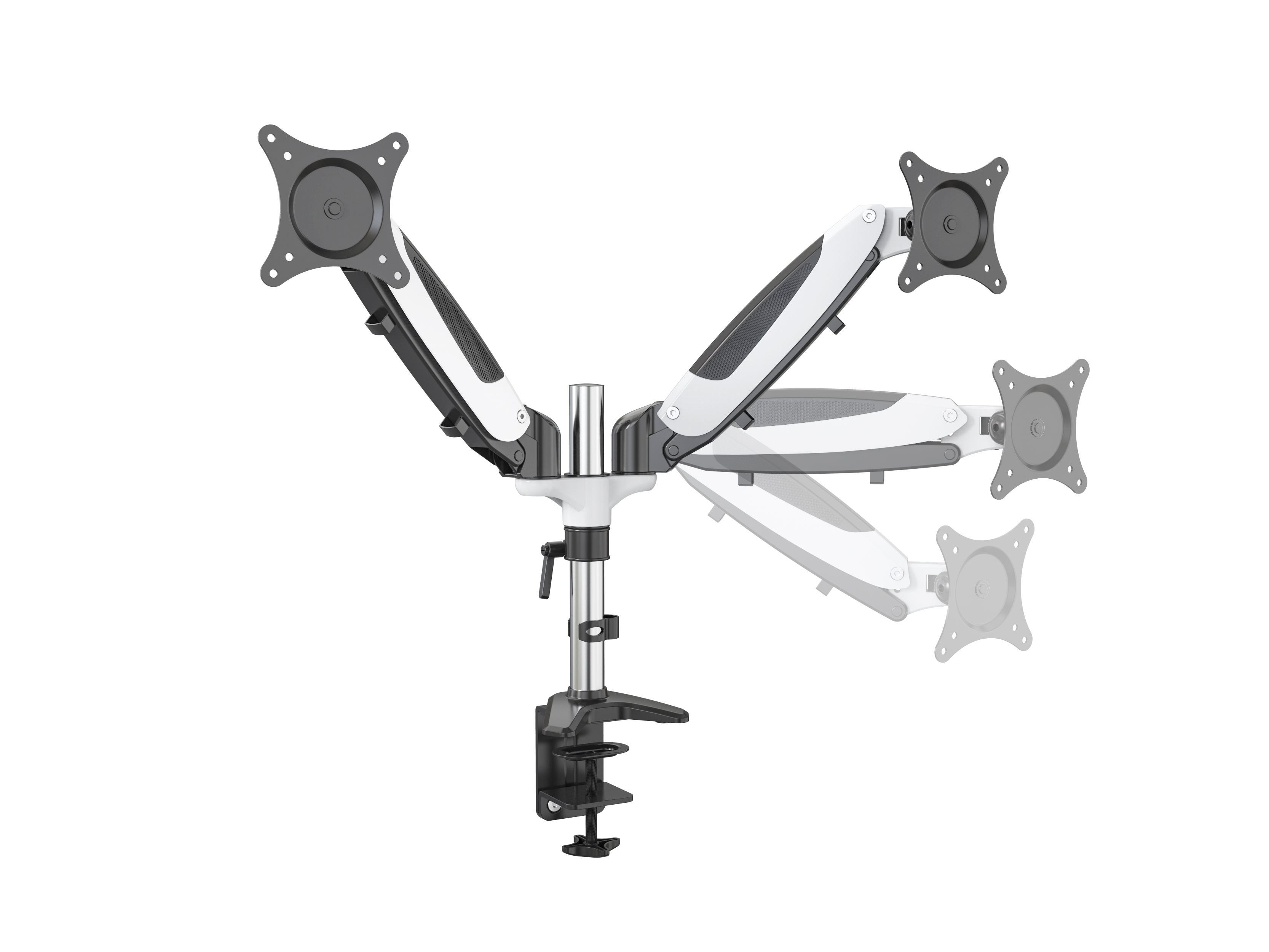 Ein Multi-Monitor-Arm, weiß und schwarz, auf weißem Hintergrund. Mehrere Monitorhalterungen.