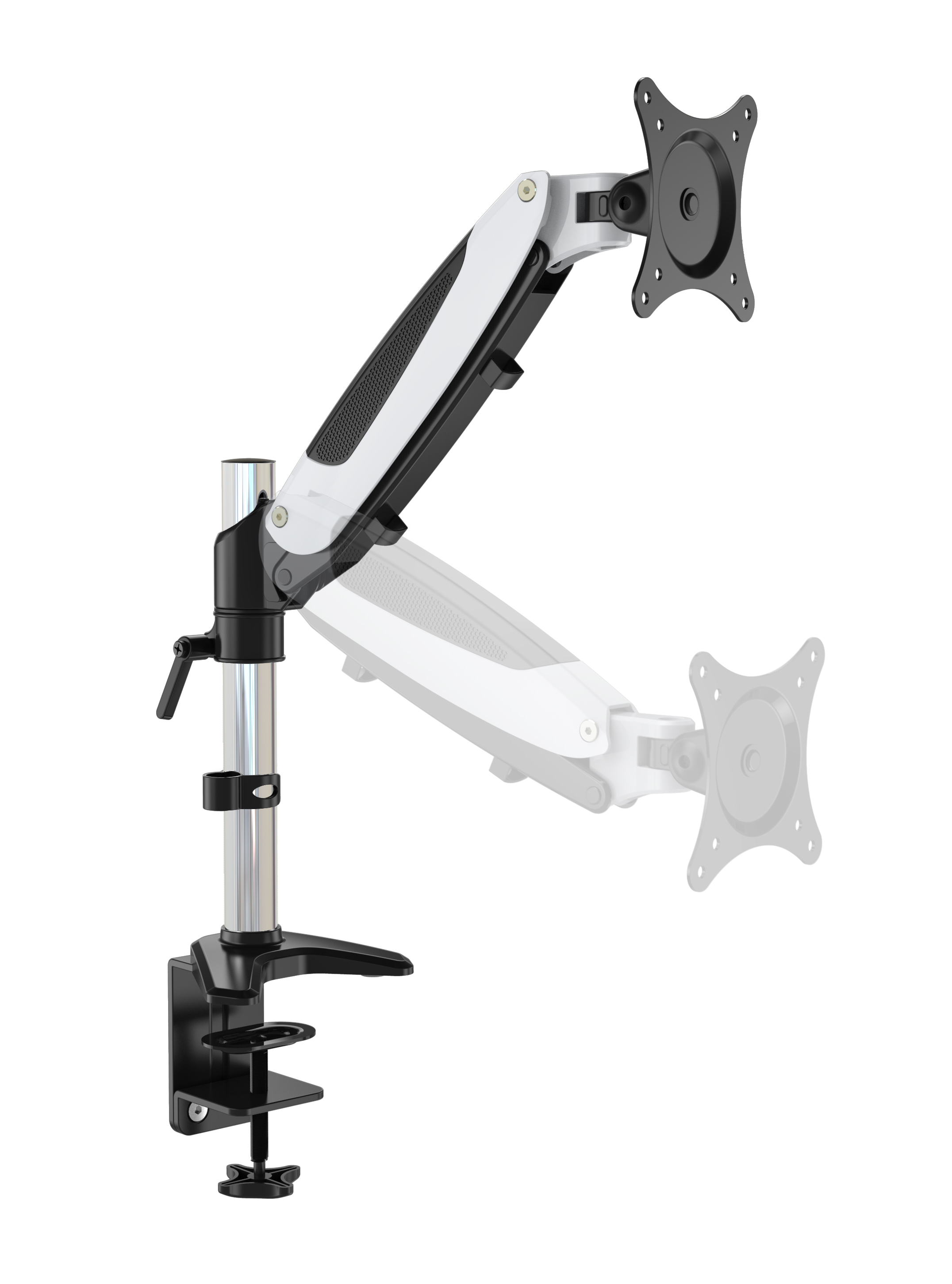 Ein schwarz-weißer Monitorarm mit einer Monitorhalterung und einer Klemme. Der Arm ist ausgefahren und weiß.