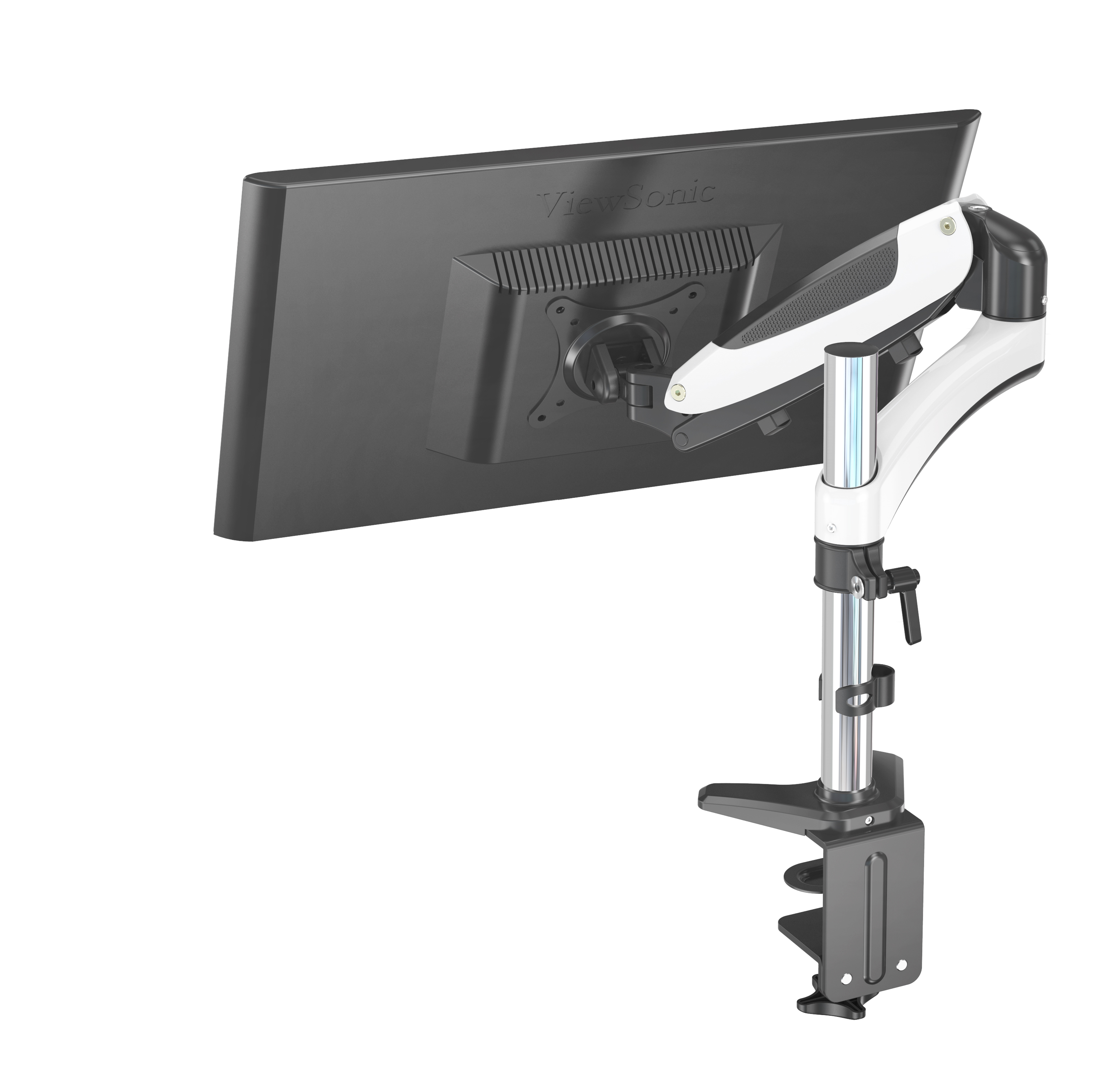 Ein Computermonitor an einer weißen und silbernen Schreibtischhalterung, vor weißem Hintergrund.