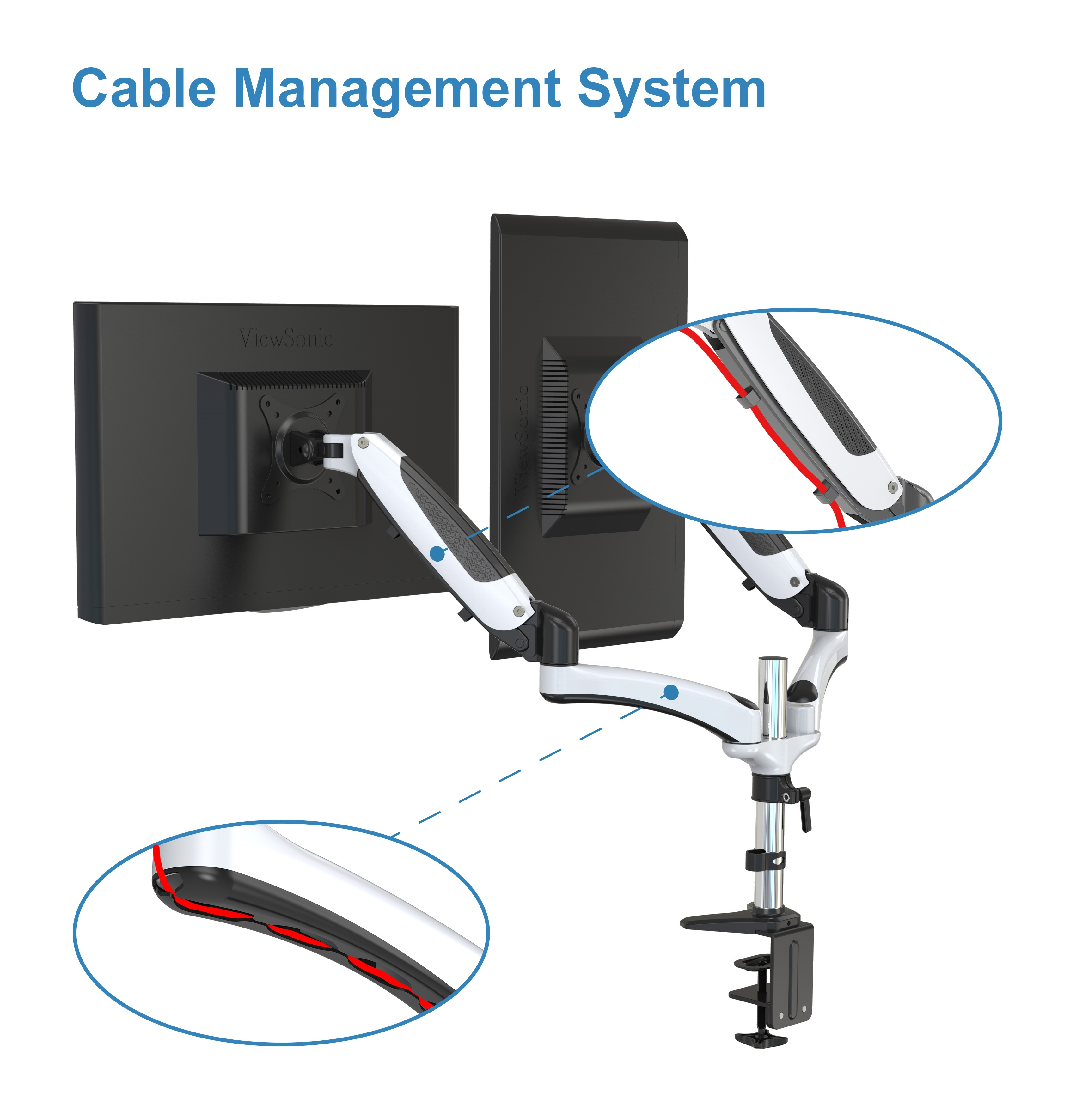 Doppelmonitorarm-Setup auf einem Schreibtisch, mit Nahaufnahmen der Kabelführung.
