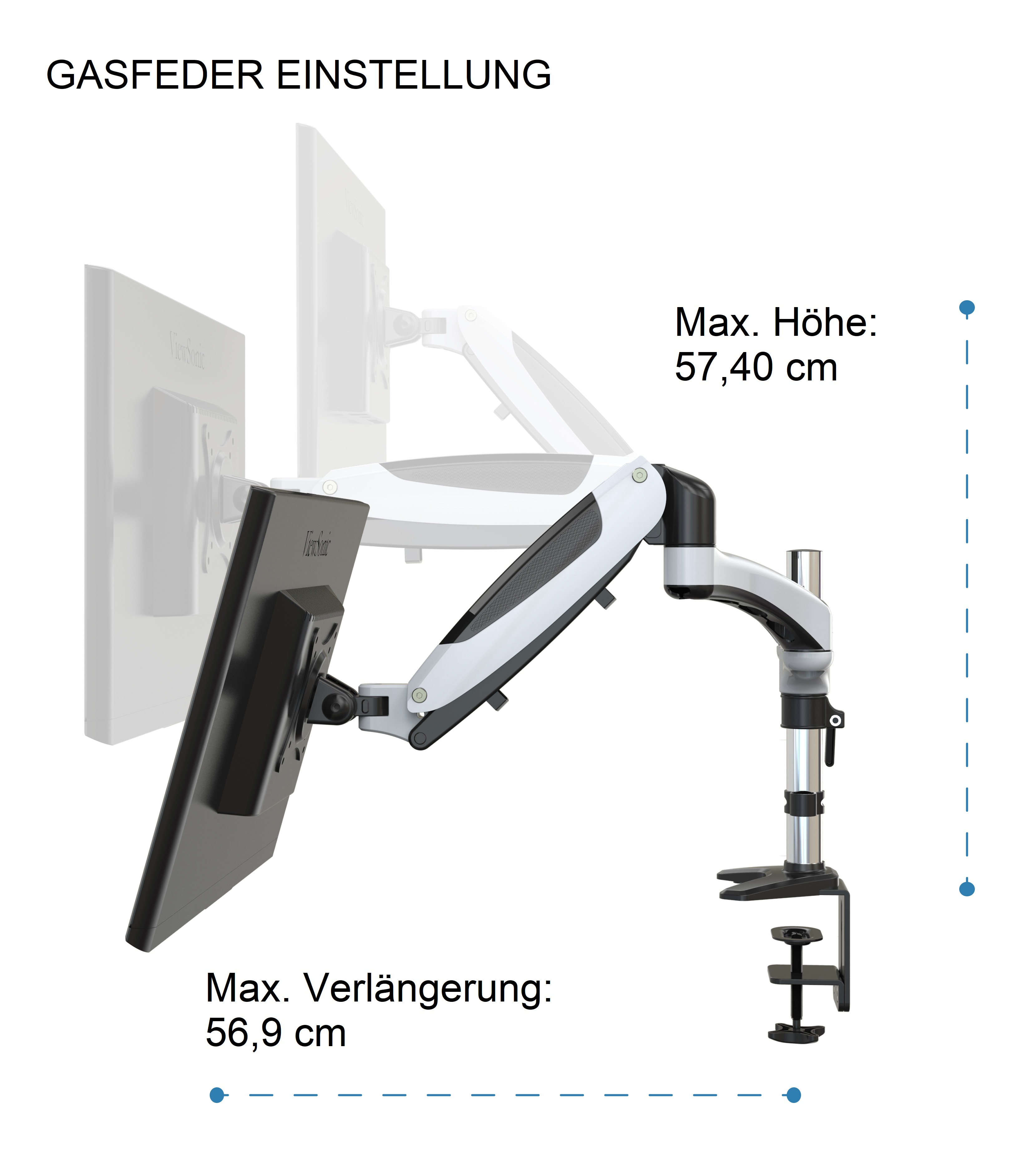 Monitorarm mit Monitor und Text: Gasfeder Einstellung, Max. Höhe: 57,40 cm.