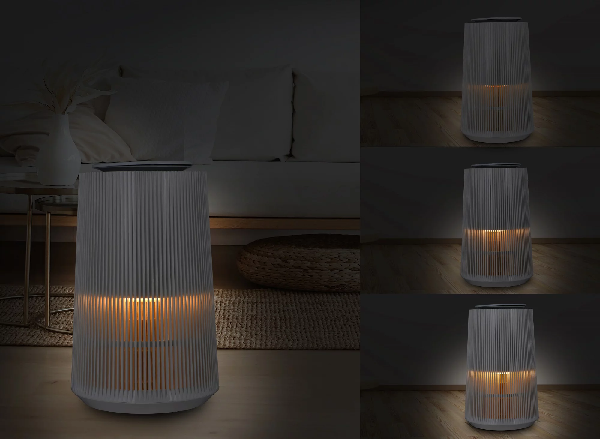 Weiße Lampe mit vertikalen Linien, mehrere Ansichten von Lichtvariationen. Dunkler Hintergrund.