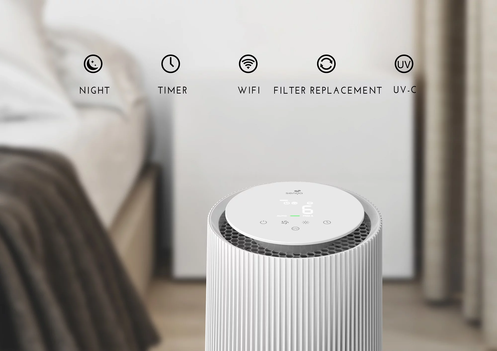 Weißer Luftreiniger mit Symbolen für Nacht, Timer, WLAN, Filter und UV-C. Der Reiniger ist weiß.