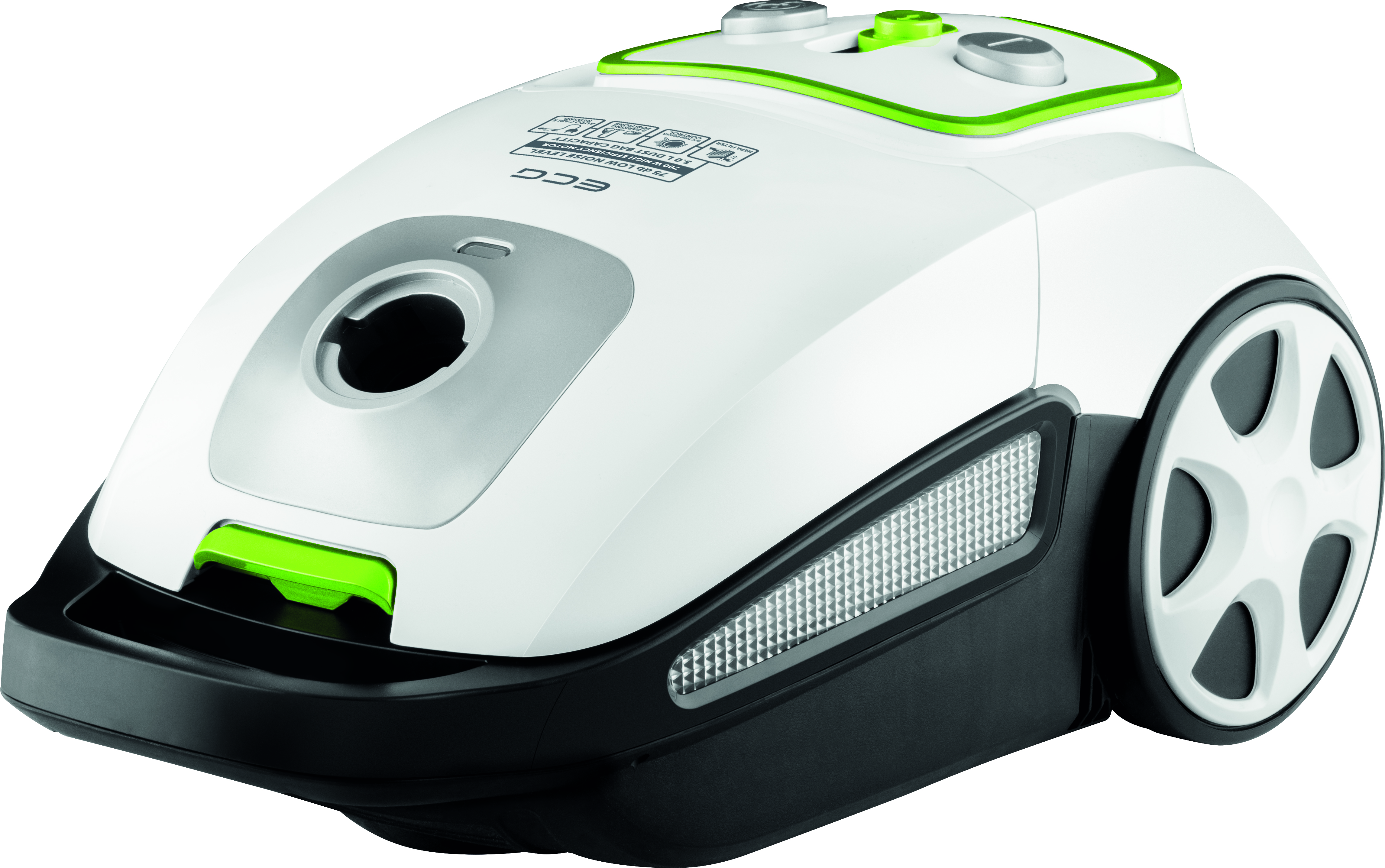 Biało-czarny odkurzacz z zielonymi akcentami. Na białym tle.
