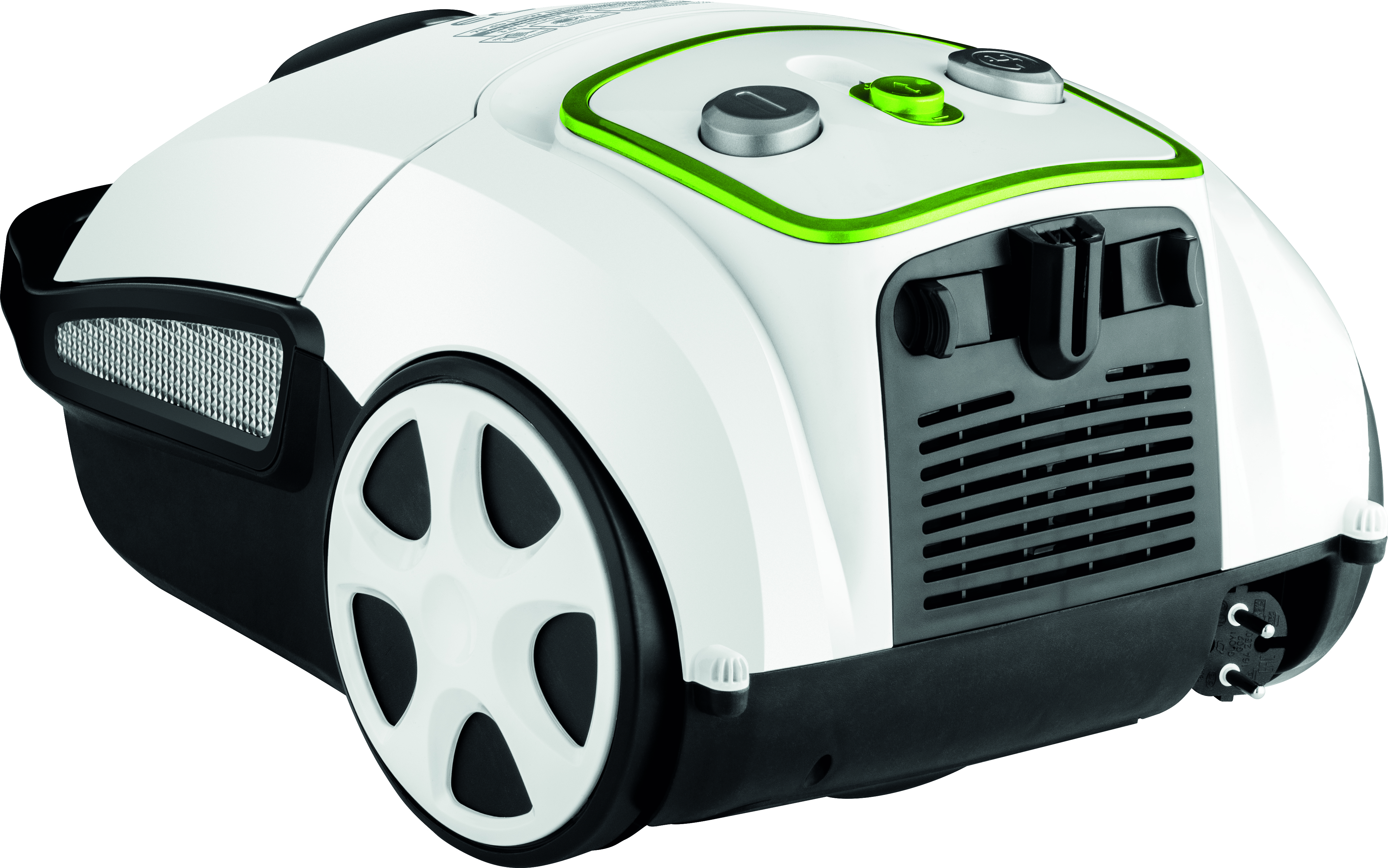 Biały odkurzacz z zielonymi akcentami. Czarne koła i przewód zasilający.