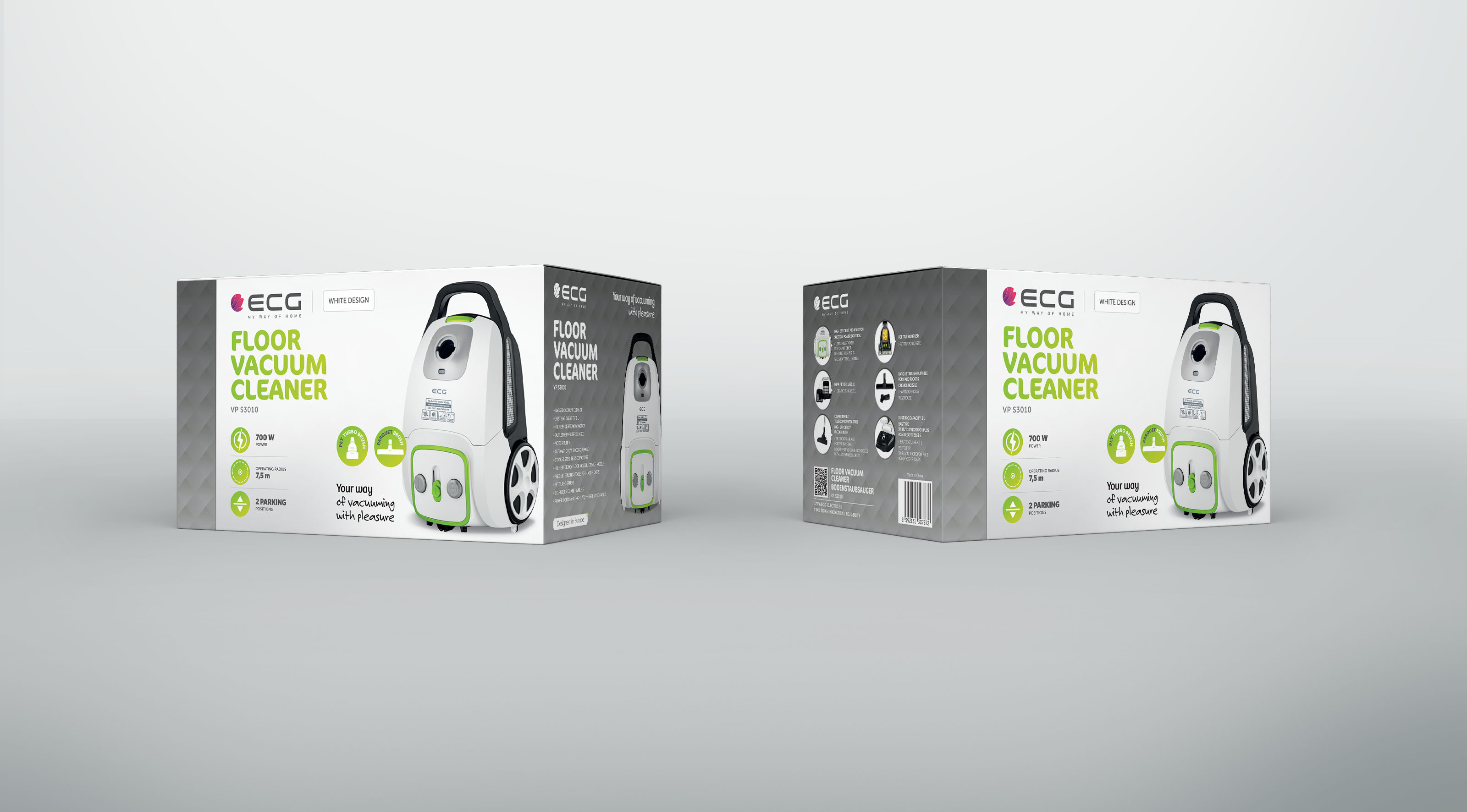 Dwa pudełka od odkurzacza. Biało-zielony design. Tekst: ODKURZACZ PODŁOGOWY. Logo ECG.