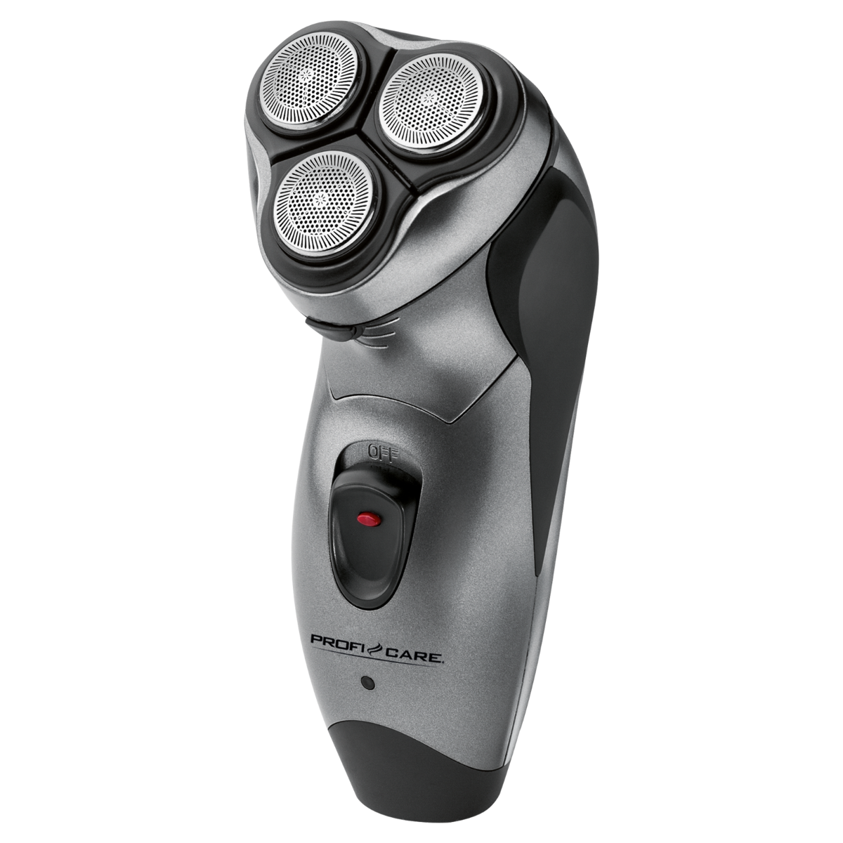 Srebrna golarka elektryczna z trzema obrotowymi głowicami i czerwonym przyciskiem zasilania.