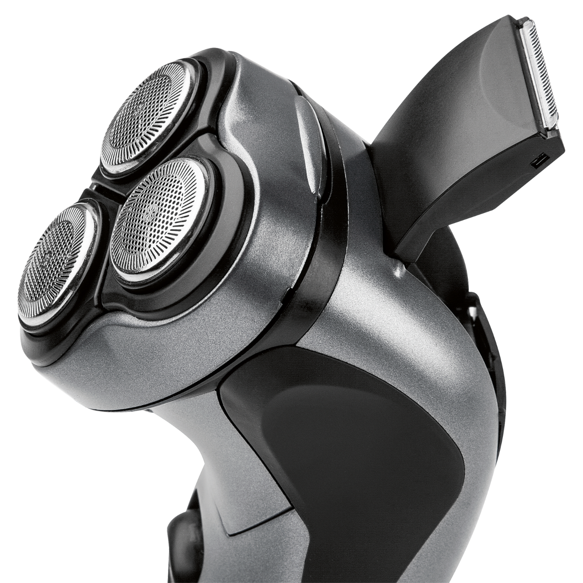 Golarka elektryczna, zbliżenie. Trzy srebrne głowice i trymer.