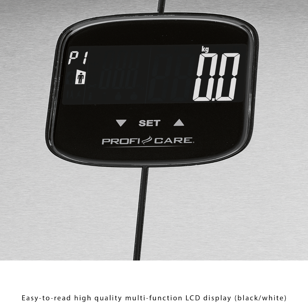 Czarna waga cyfrowa z czarno-białym wyświetlaczem. Pokazuje 0,0 kg i ma logo Profi Care.