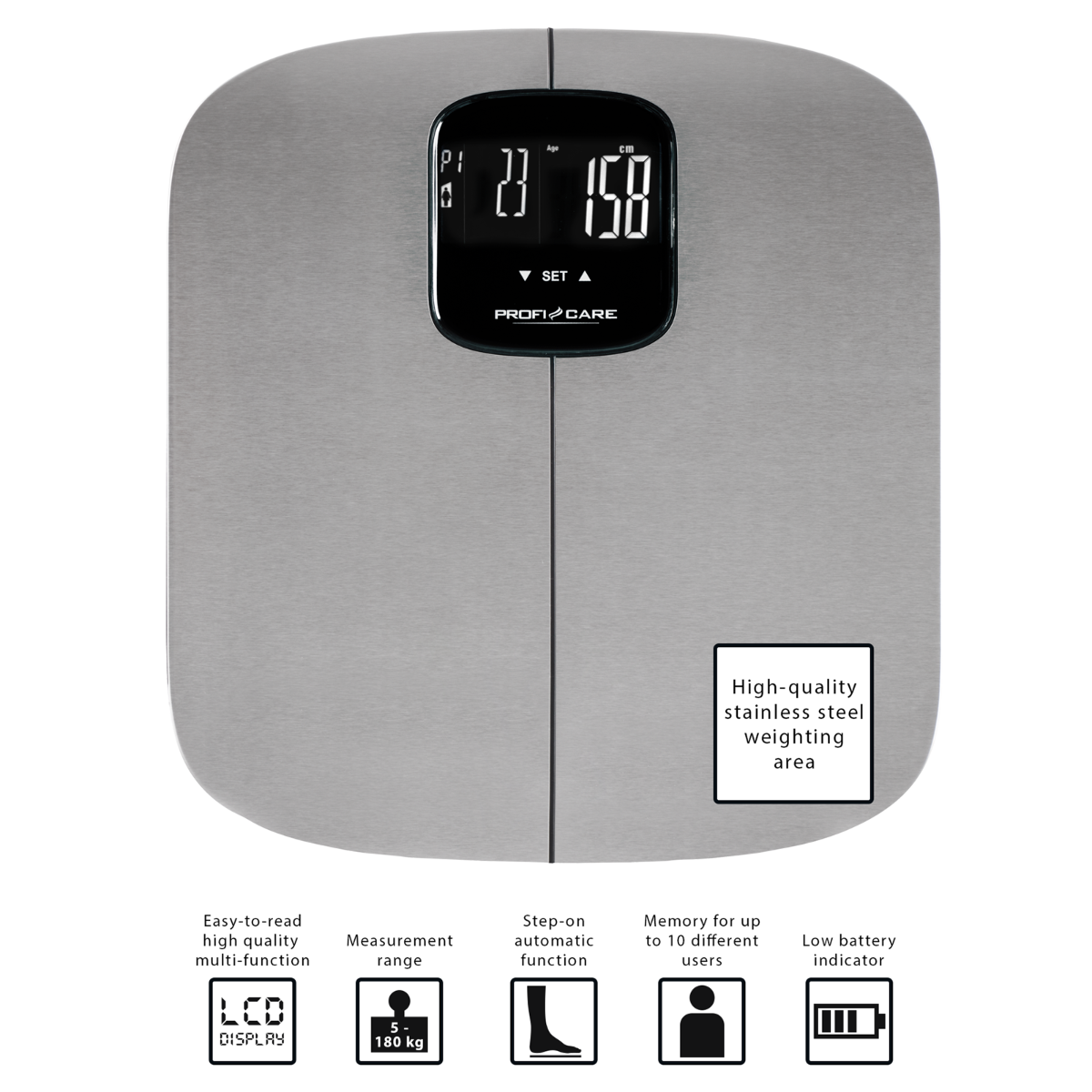 Waga cyfrowa, wyświetlająca liczby, z polami informacyjnymi.