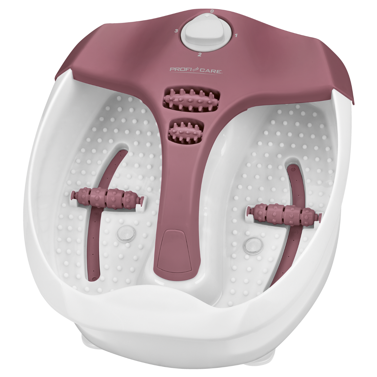 Kąpiel stóp z fioletowymi akcentami. Spa ma rolki i wiele ustawień.