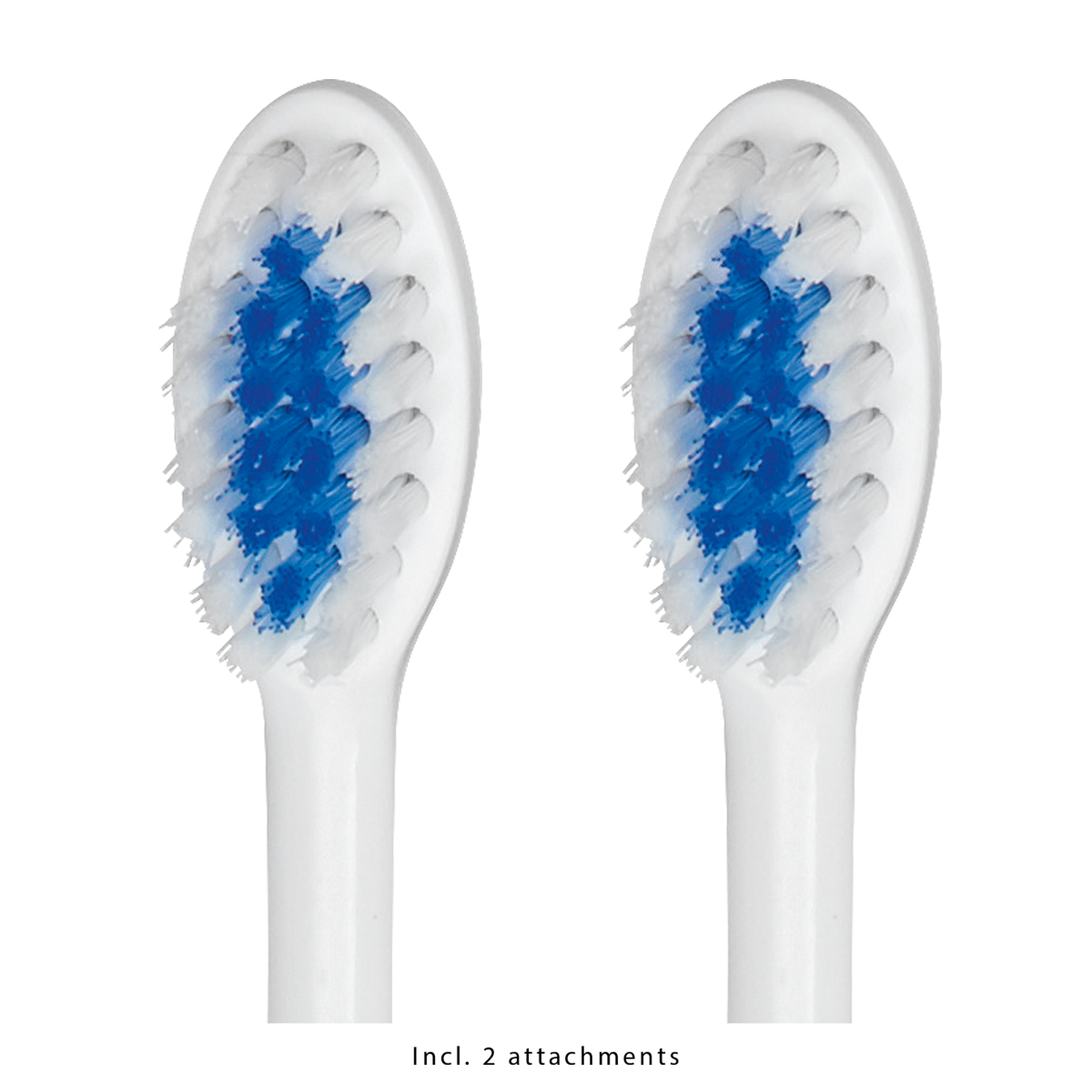Dwie białe główki szczoteczki do zębów z niebieskim włosiem na czarnym tle. Włosie jest lekko rozchylone.