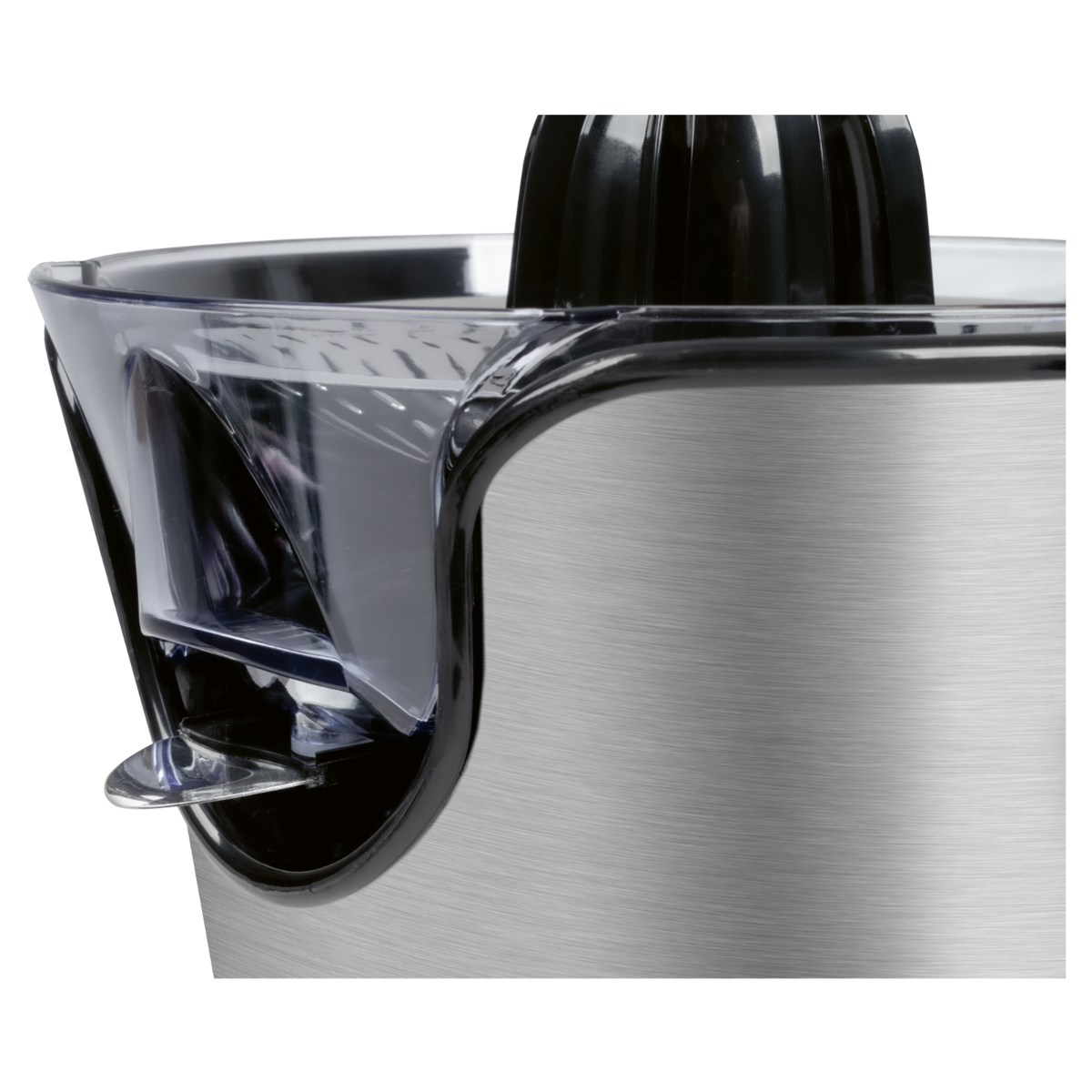 Zbliżenie wyciskarki do soku z przezroczystym pojemnikiem i metalową podstawą.