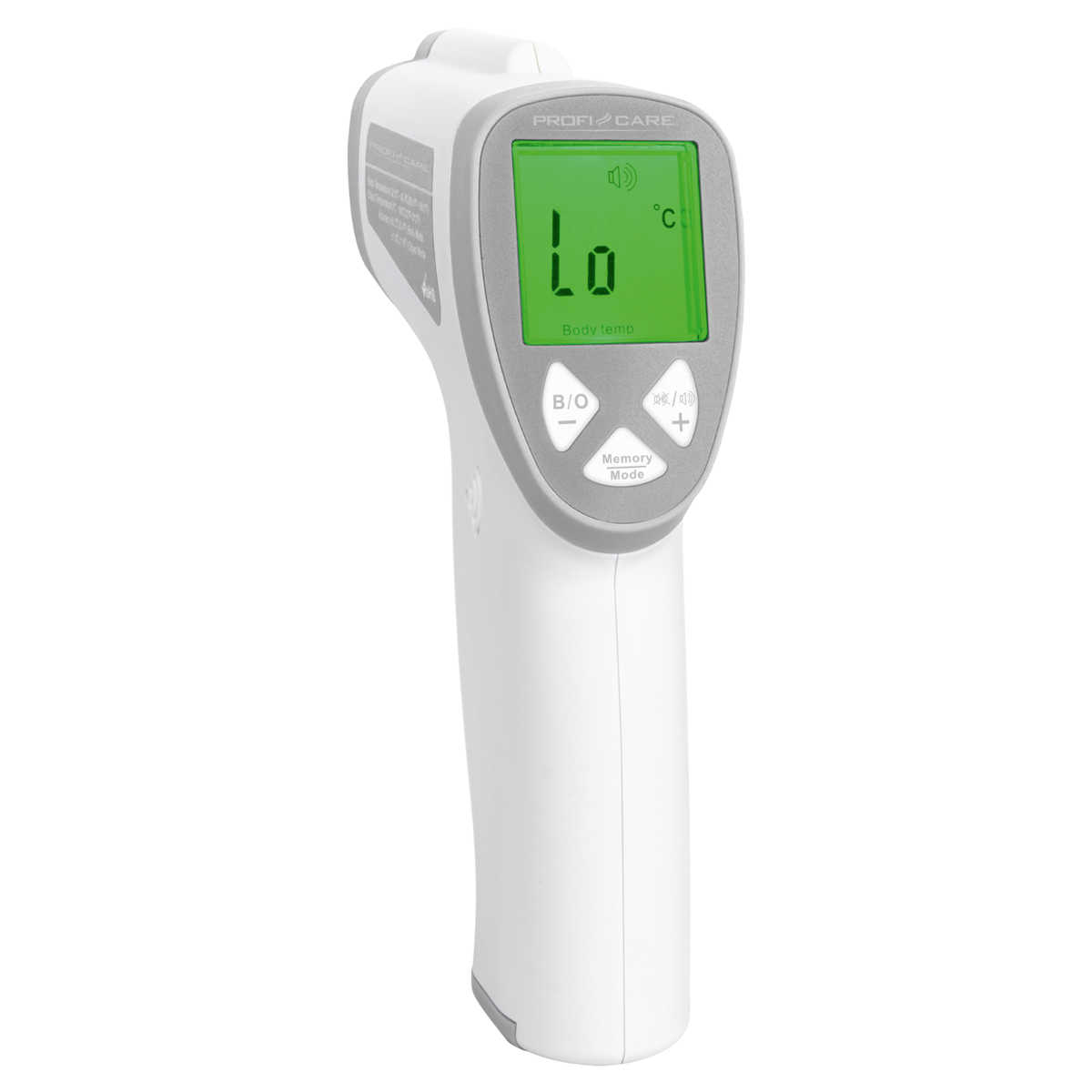 Weißes Infrarot-Thermometer mit grünem Display, zeigt Temperaturmessung.