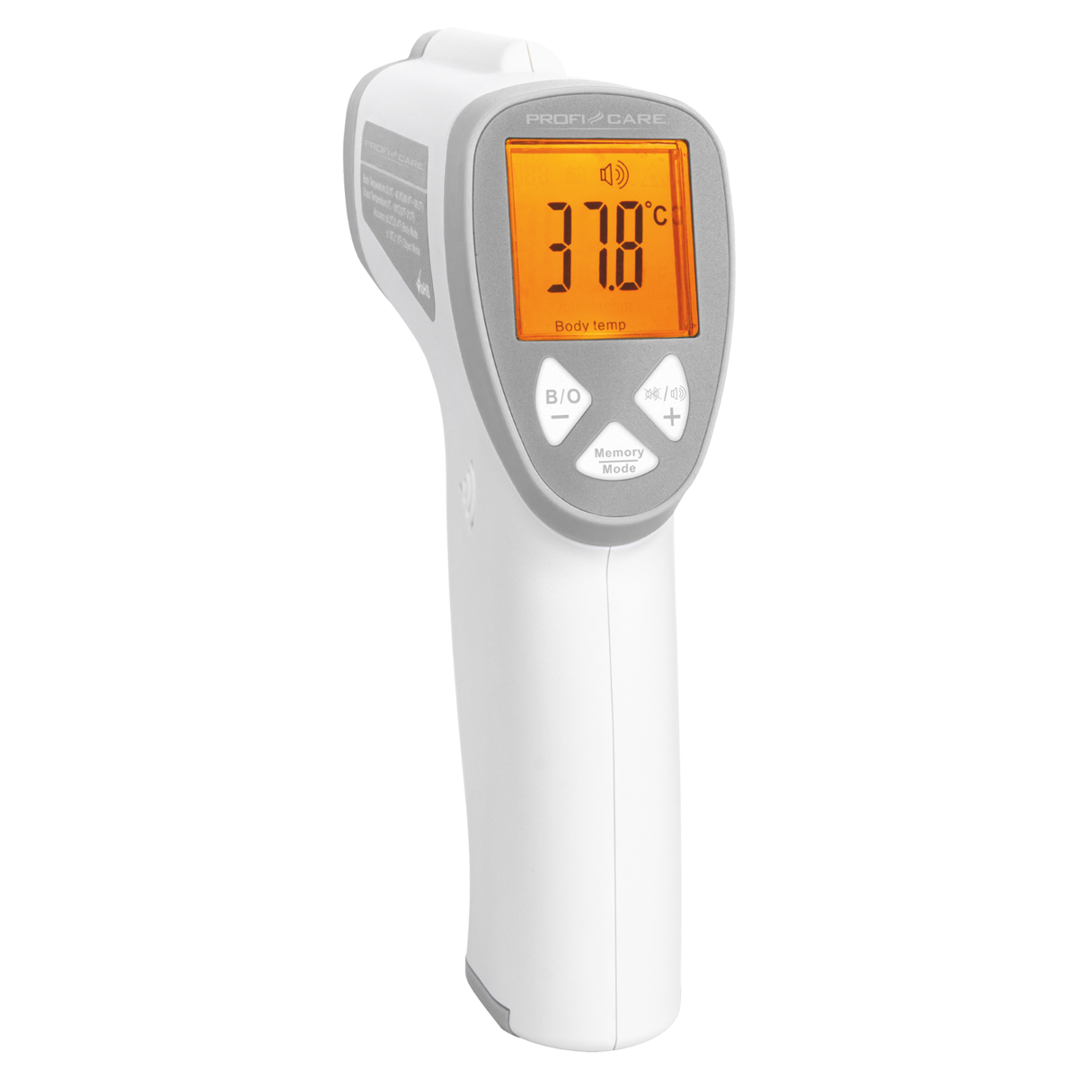 Ein weißes Thermometer, das 37,8 Grad Celsius auf dem Bildschirm anzeigt.