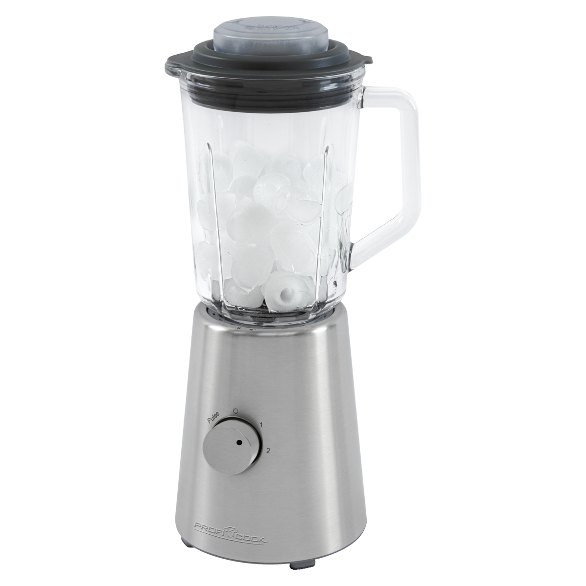 Una licuadora de acero inoxidable con hielo en el vaso y una tapa negra.