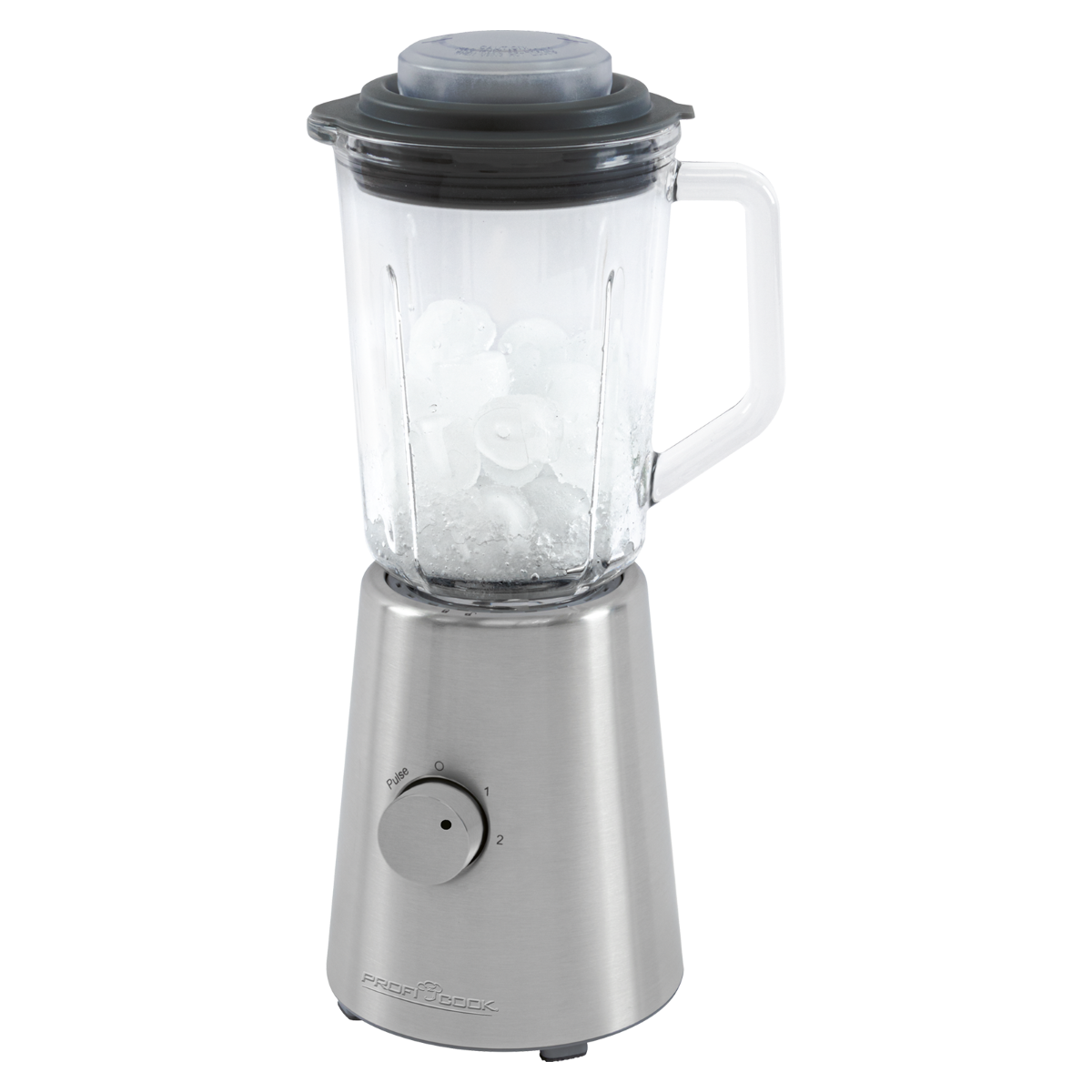 Una licuadora con cubitos de hielo dentro. Tiene un vaso de vidrio y una base de acero inoxidable.