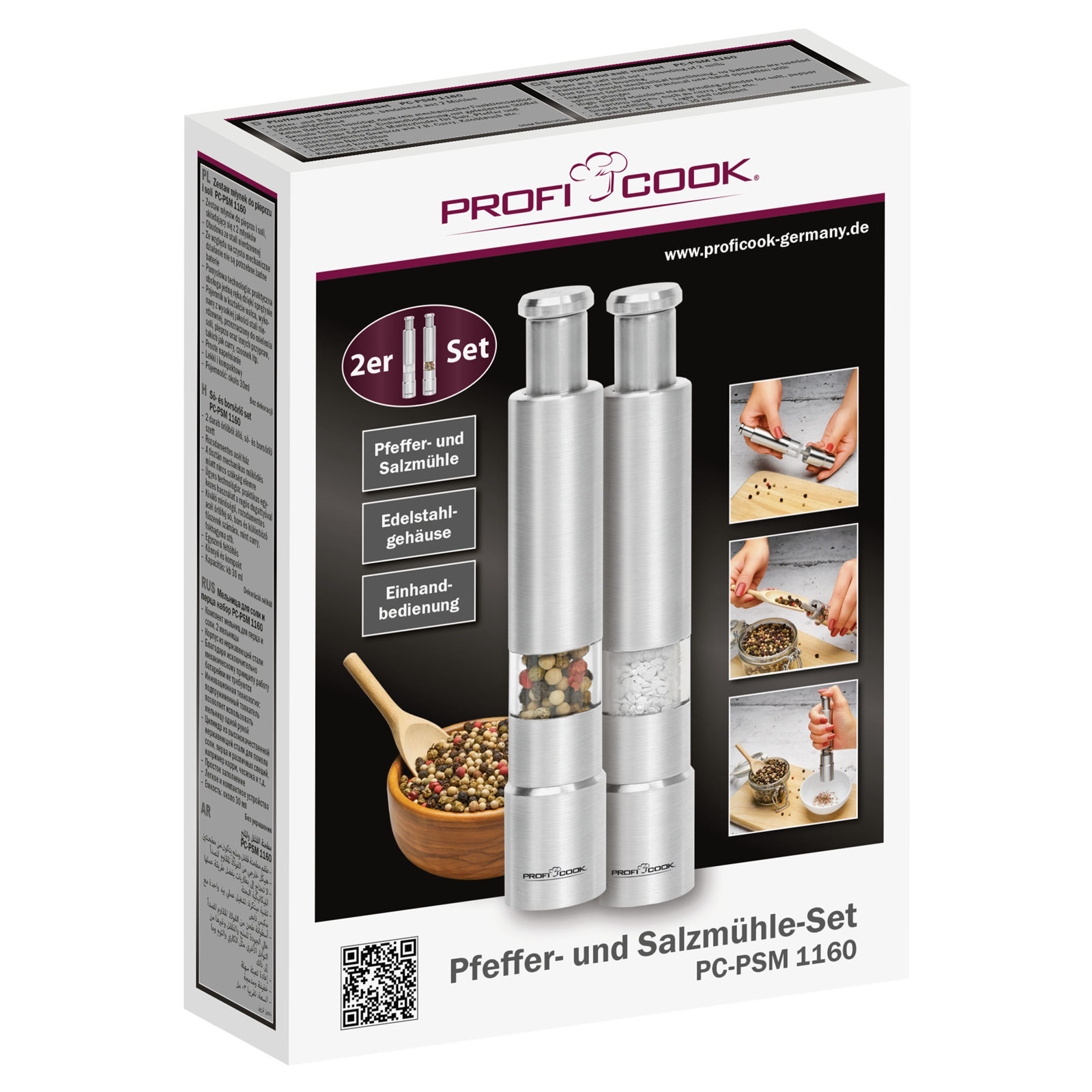 Eine Schachtel mit Pfeffer- und Salzmühlen, mit Bildern der Mühlen und verschiedenen Ansichten.