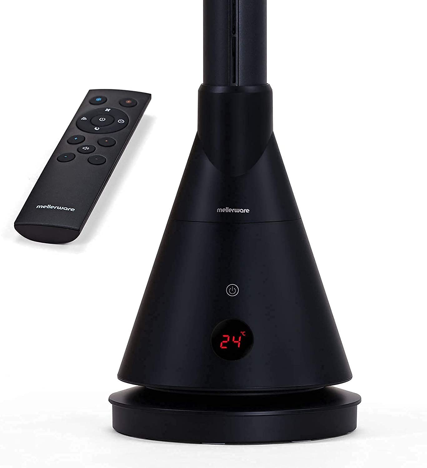 Ventilador negro con control remoto. Tiene una pantalla digital que muestra la temperatura.